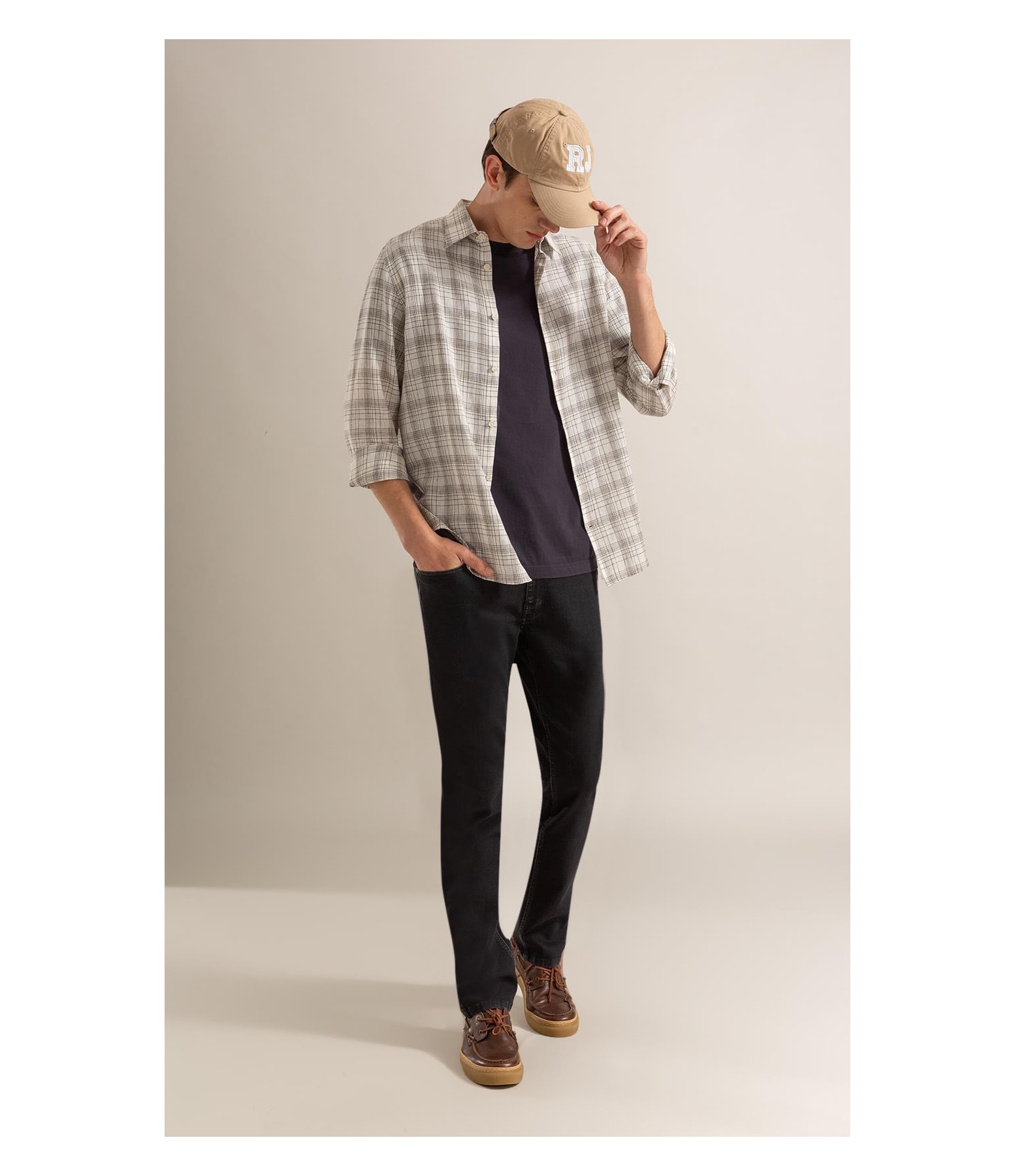 Long Sleeve Linho   Ryan Plaid Shirt Cinza Claro