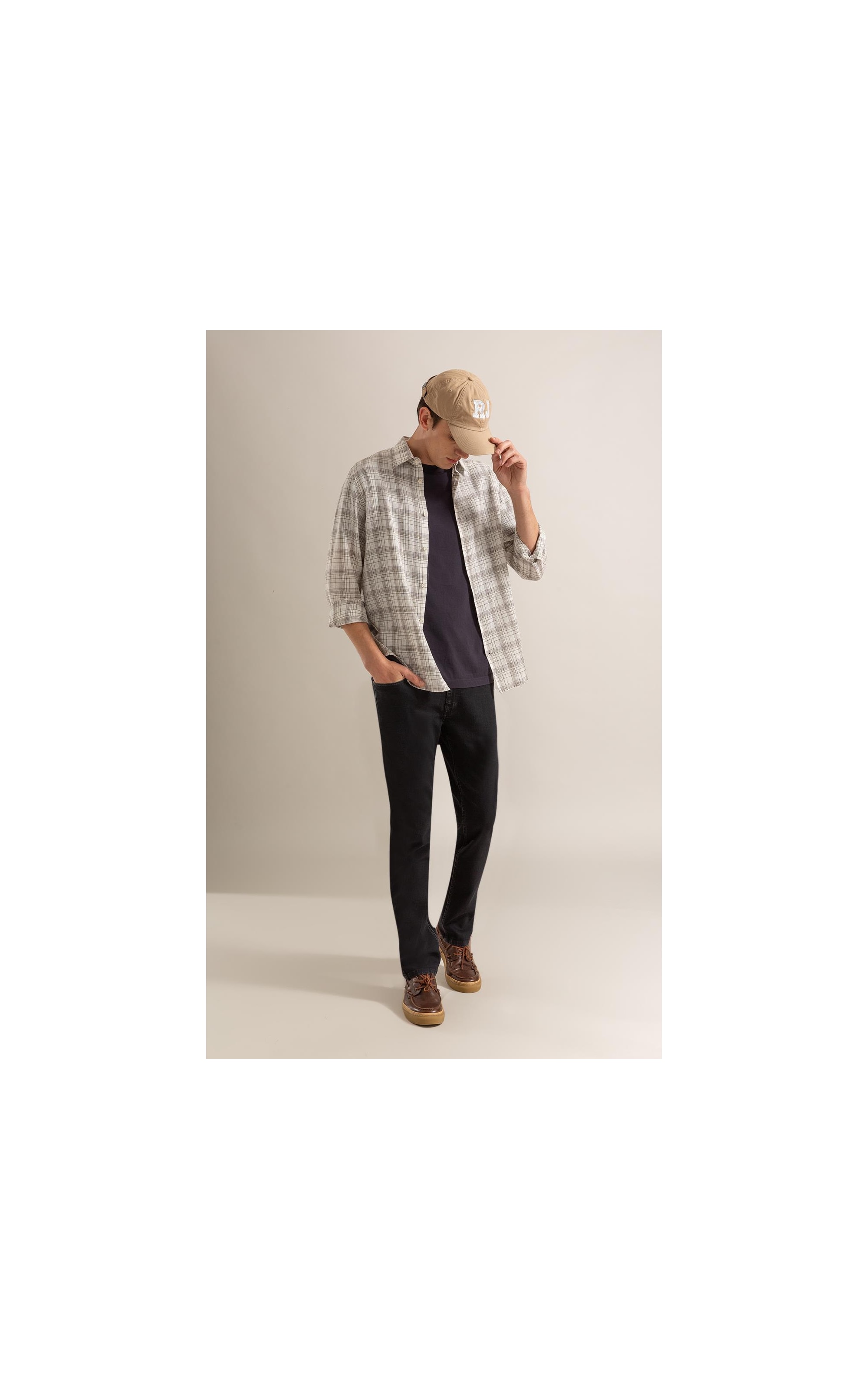 Long Sleeve Linho   Ryan Plaid Shirt Cinza Claro