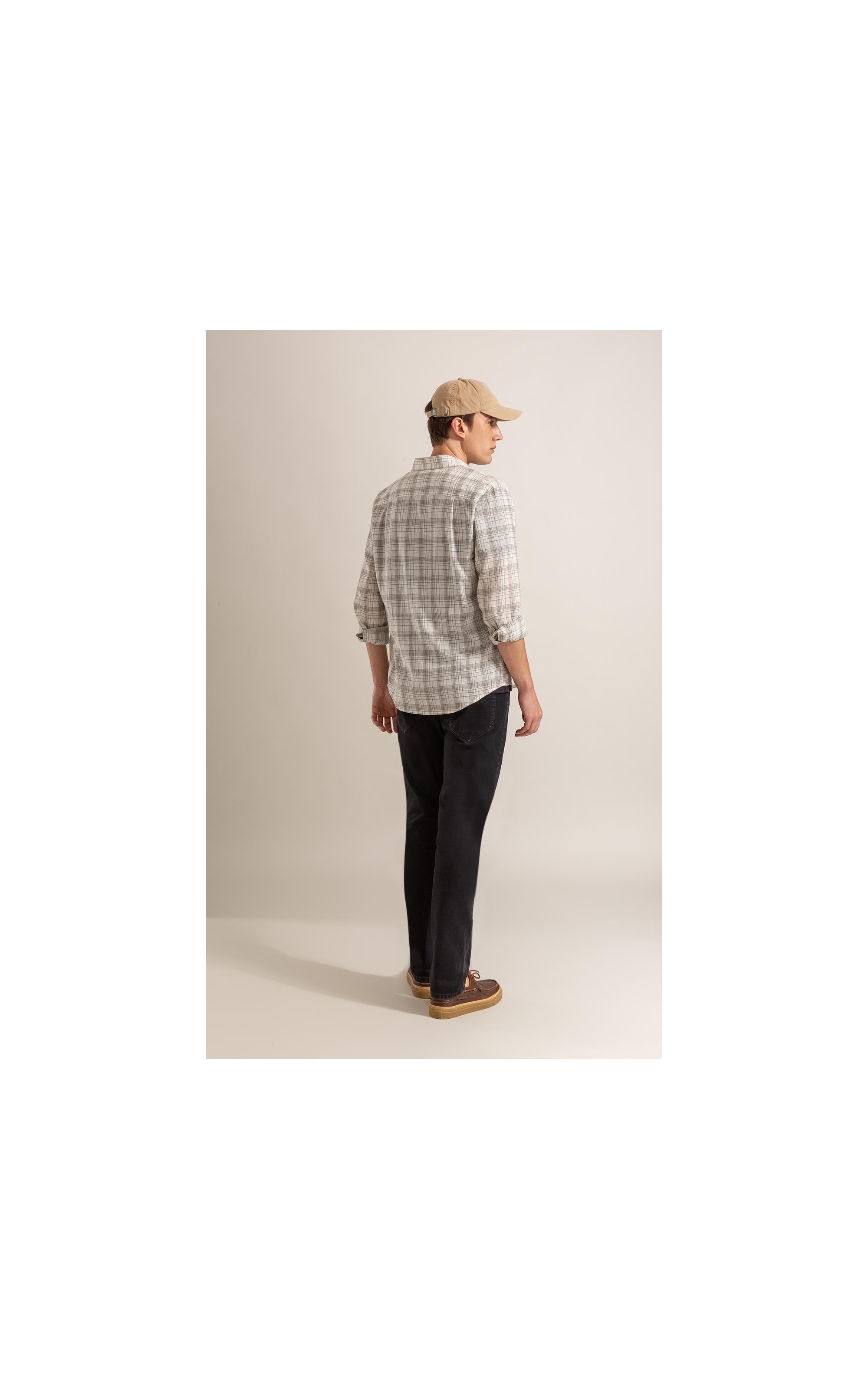 Long Sleeve Linho   Ryan Plaid Shirt Cinza Claro