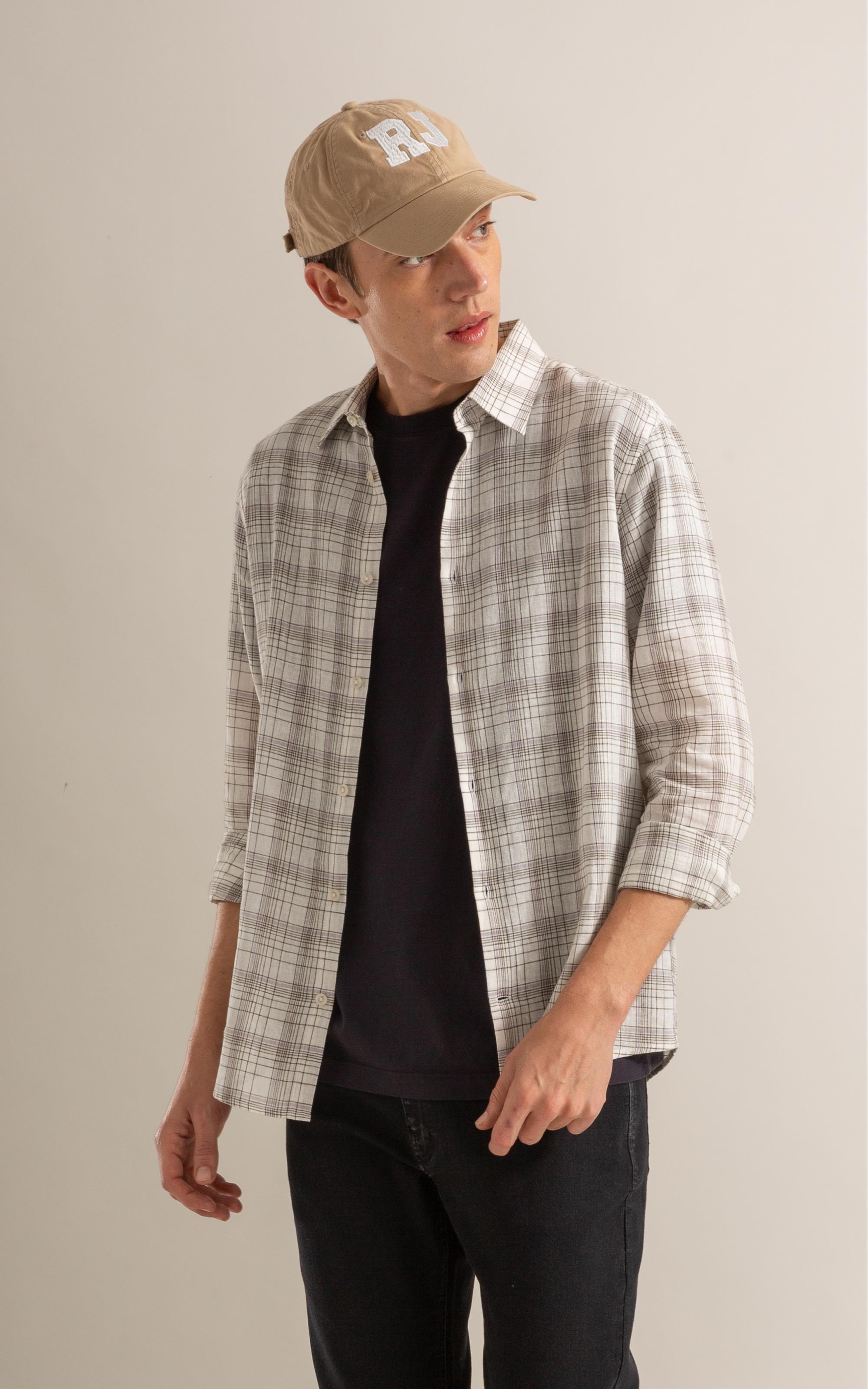 Long Sleeve Linho   Ryan Plaid Shirt Cinza Claro