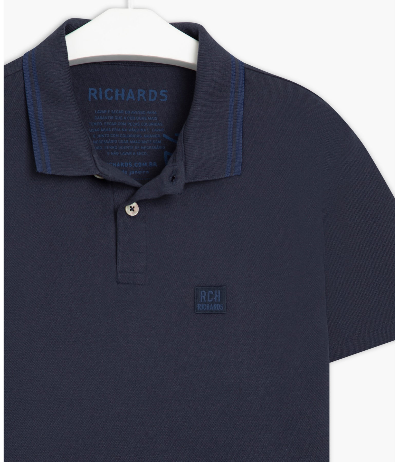 Polo 1/2 Malha Com Friso e Patch Bordado Azul Jeans