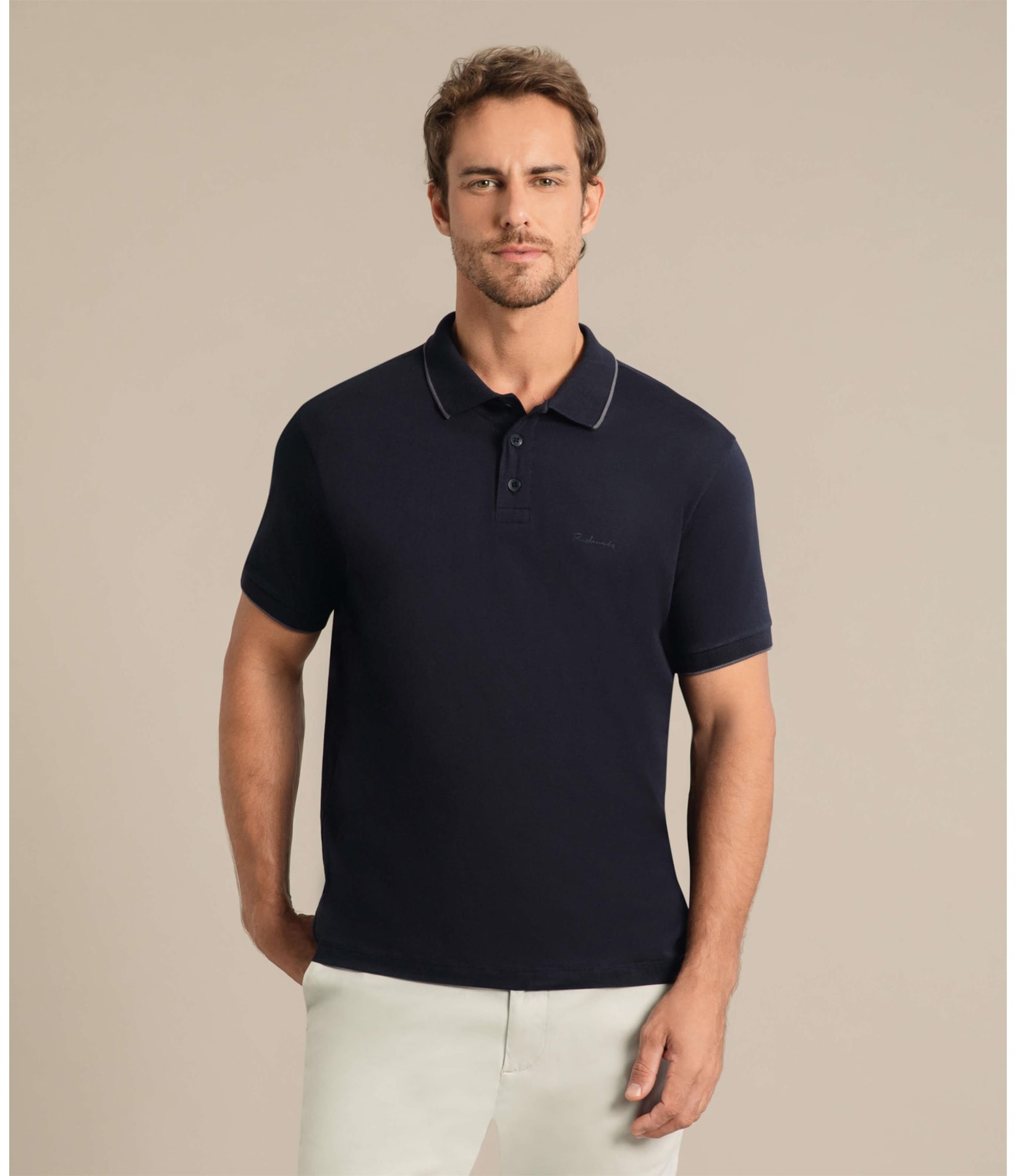 Polo Grid Pima Com Friso Dark Navy