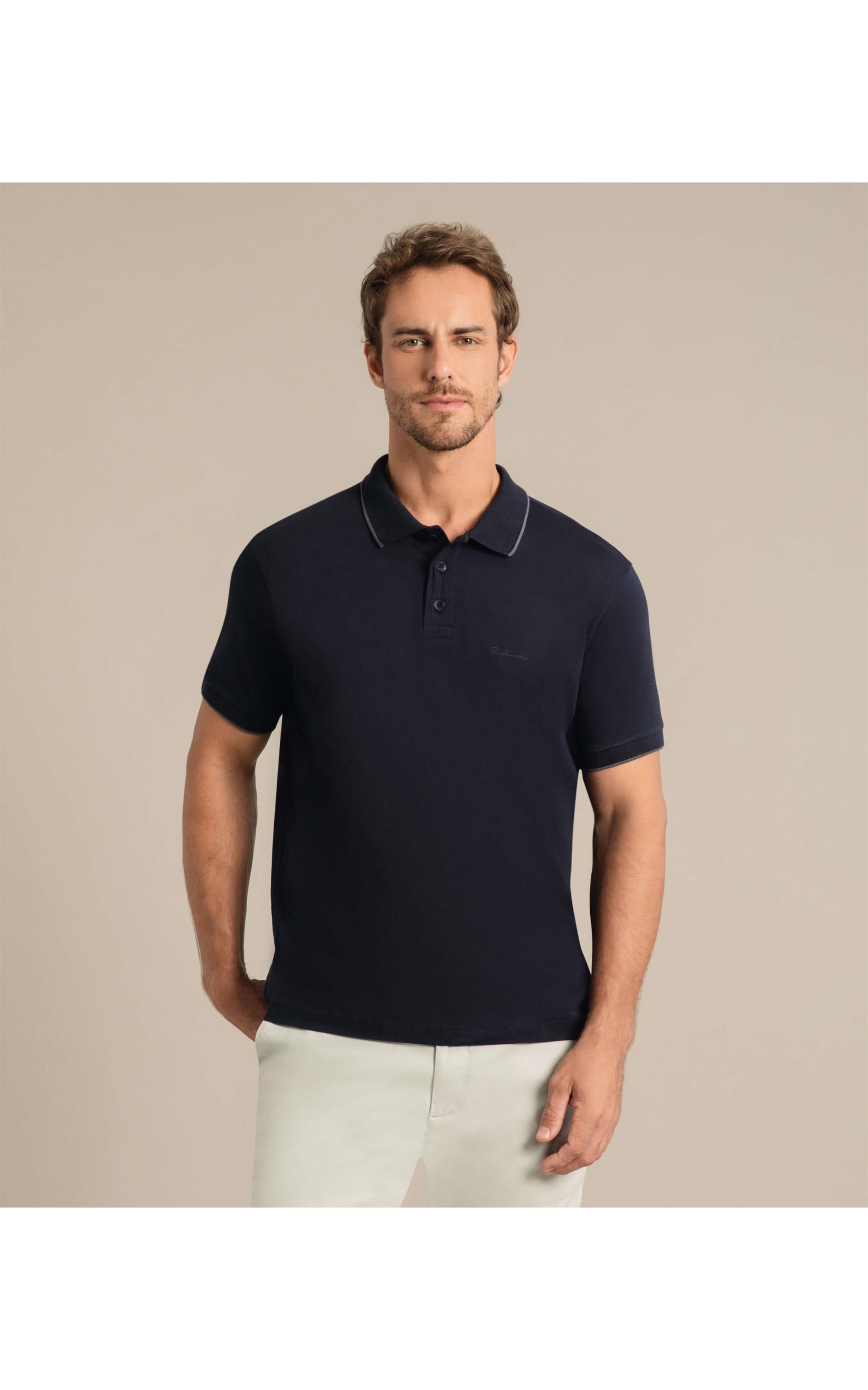 Polo Grid Pima Com Friso Dark Navy