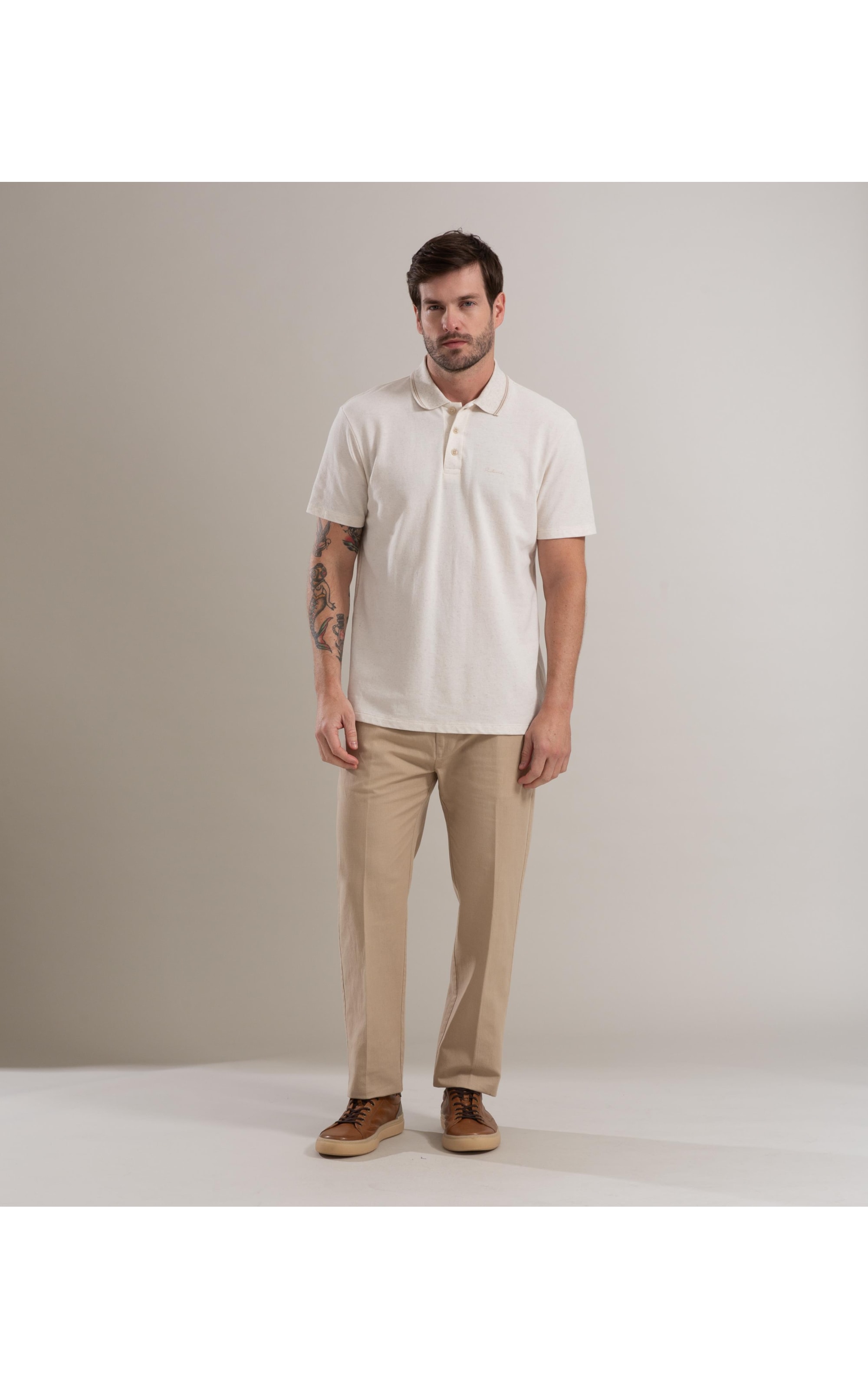 Polo Linho Piquet  C/ Friso Duplo Natural