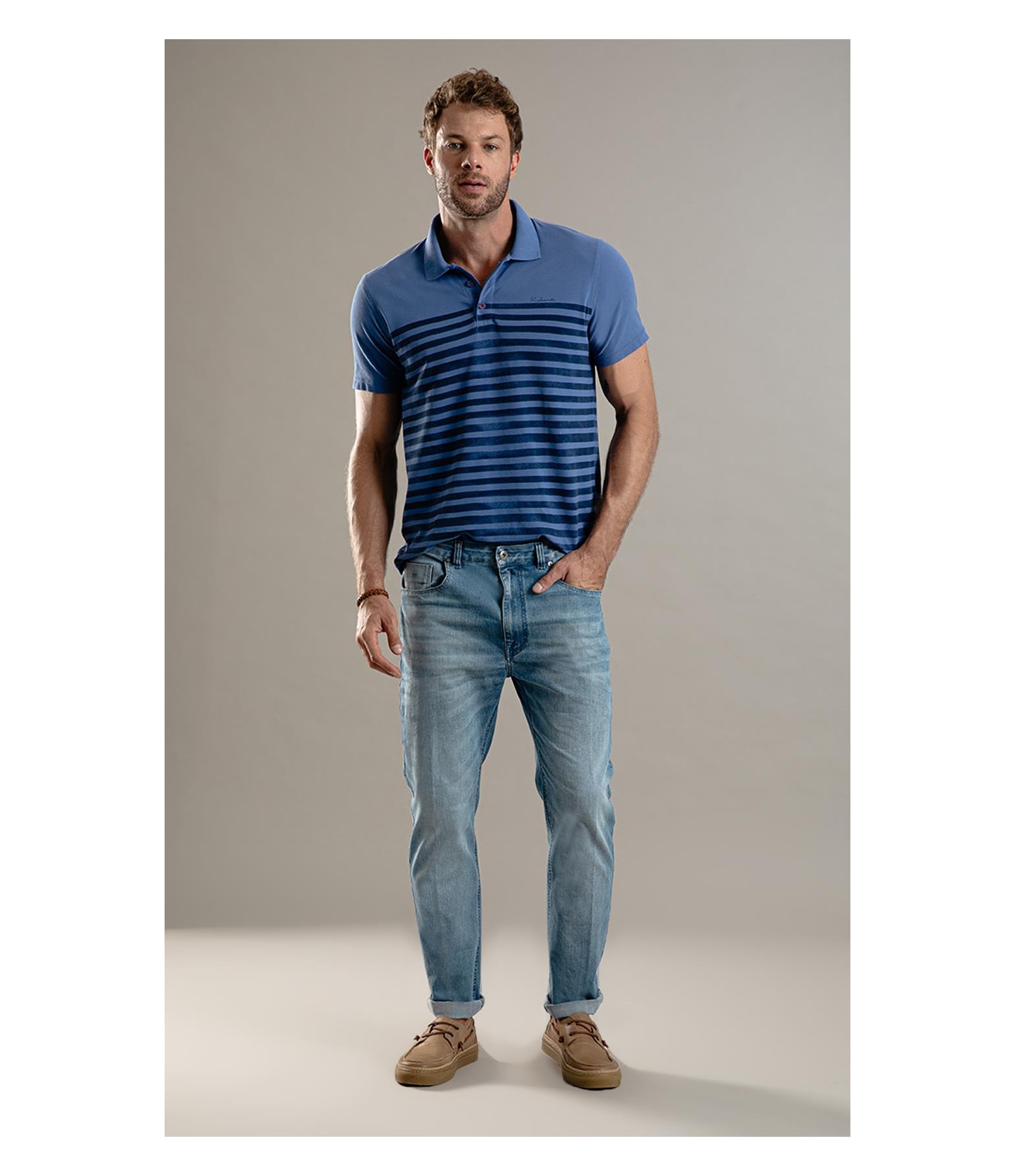 Polo Piquet 21 Listras Azul Jeans