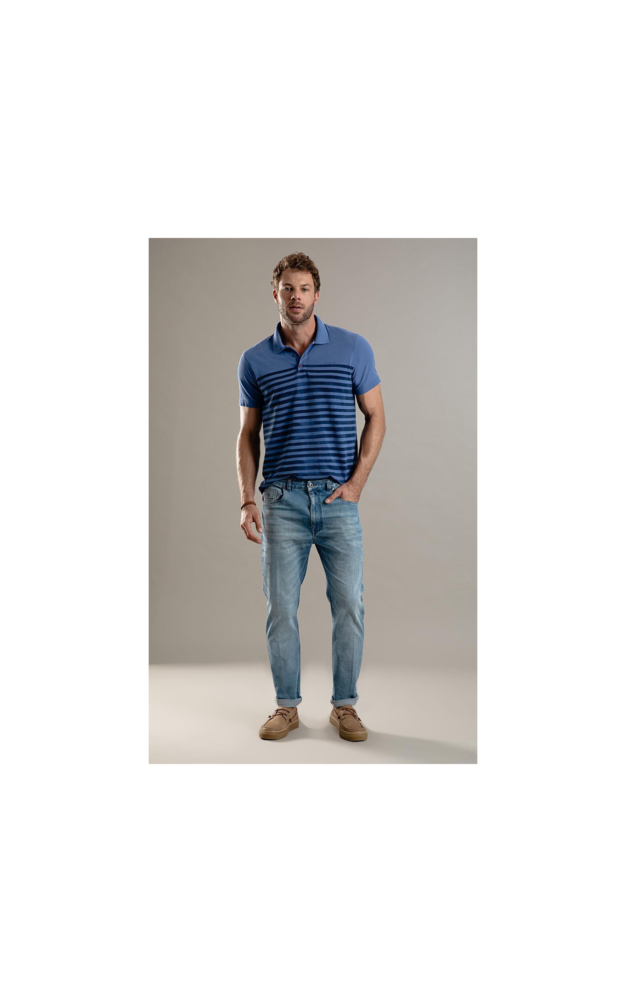 Polo Piquet 21 Listras Azul Jeans