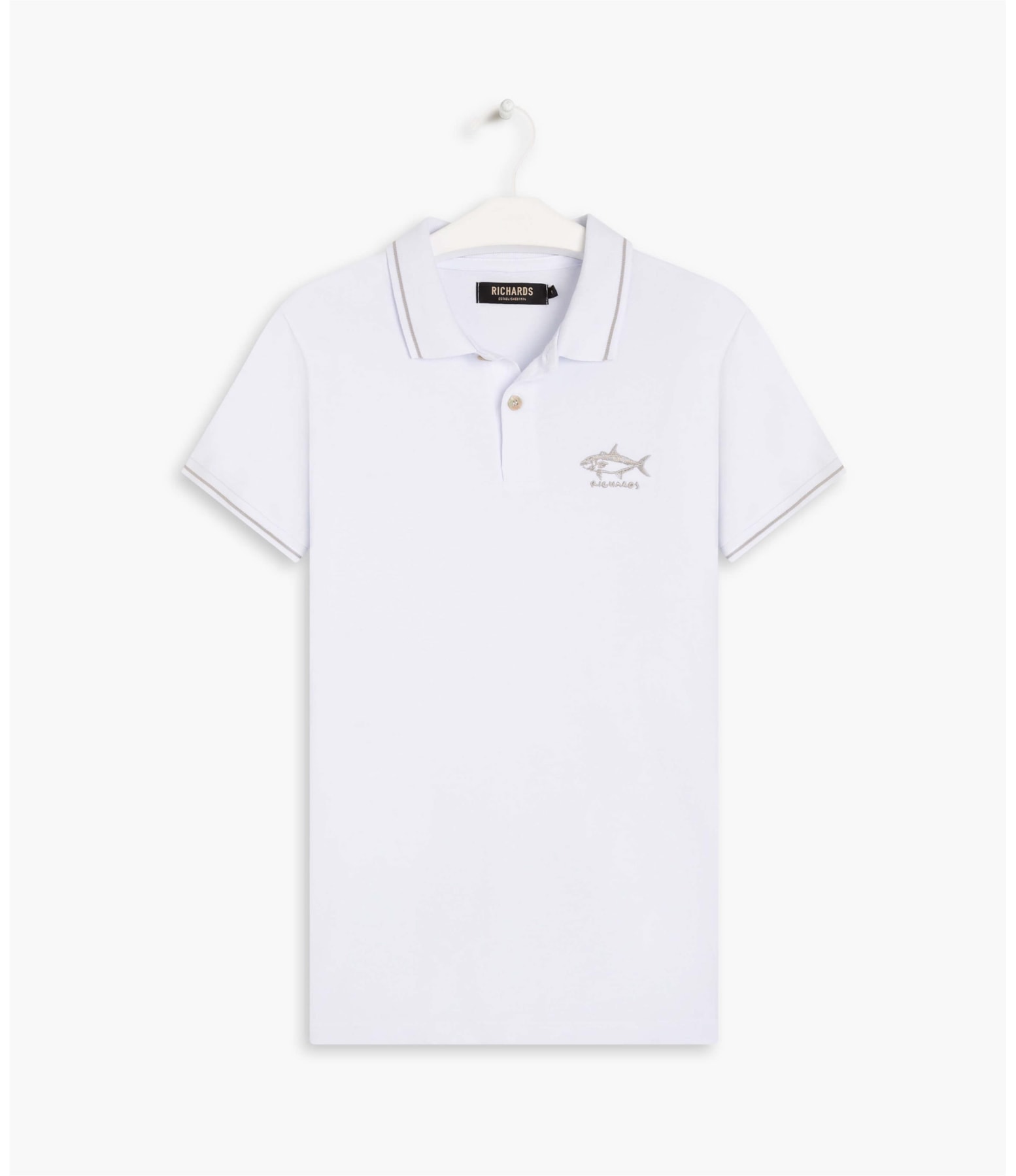 Polo Piquet Com Frisos e Bordado Peixe Branco