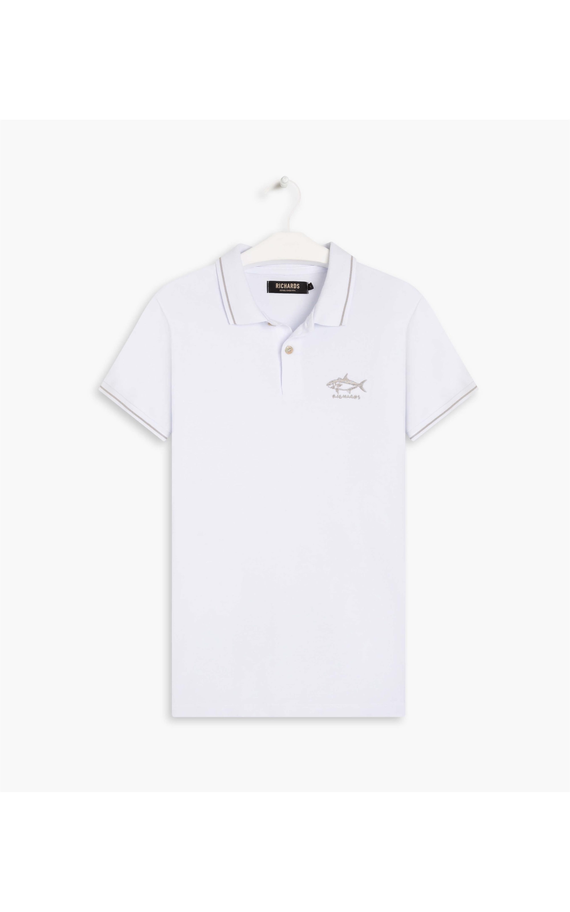 Polo Piquet Com Frisos e Bordado Peixe Branco