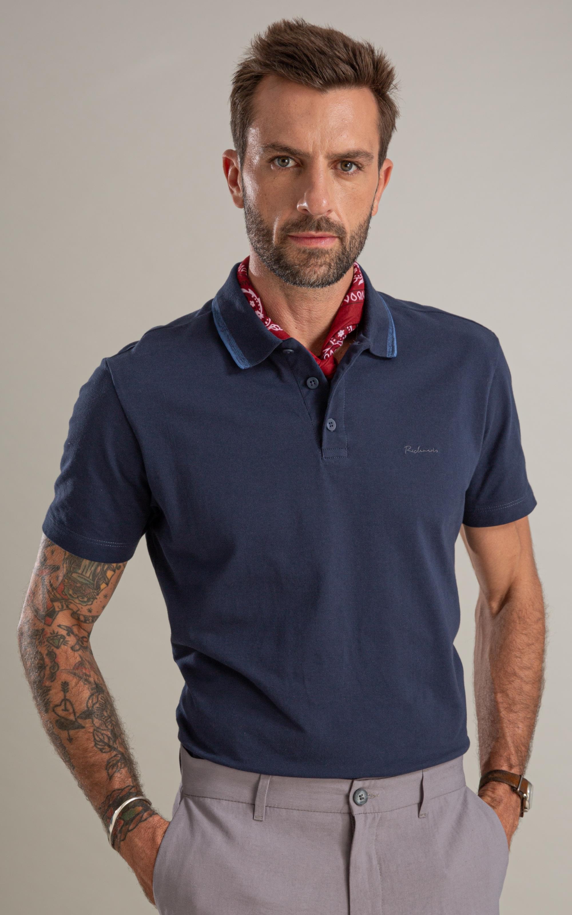 Polo Piquet Friso Duplo Rajado Bf Dark Navy
