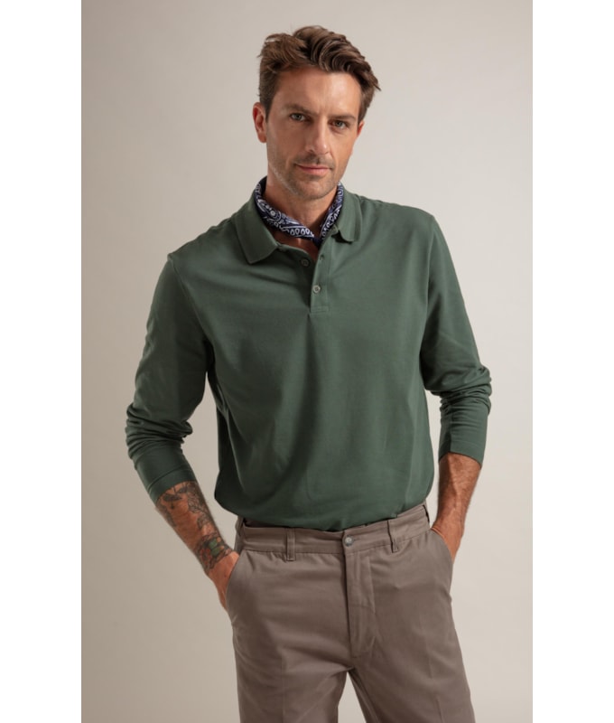 Polo Piquet Friso Espinha de Peixe Ml Verde Militar