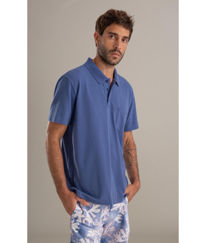 Polo Piquet Gd Com Bolso Bf Azul Jeans