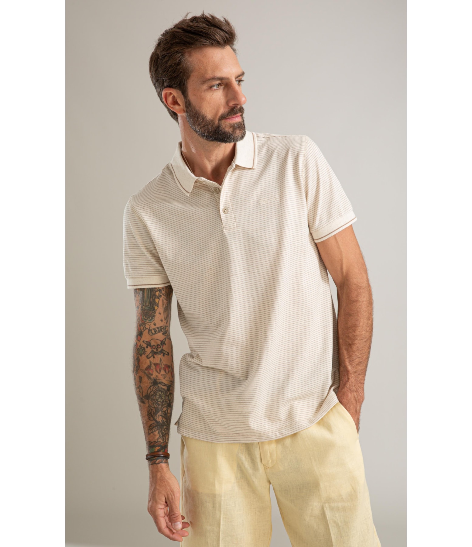 Polo Piquet Linen Listrado Bf Caqui