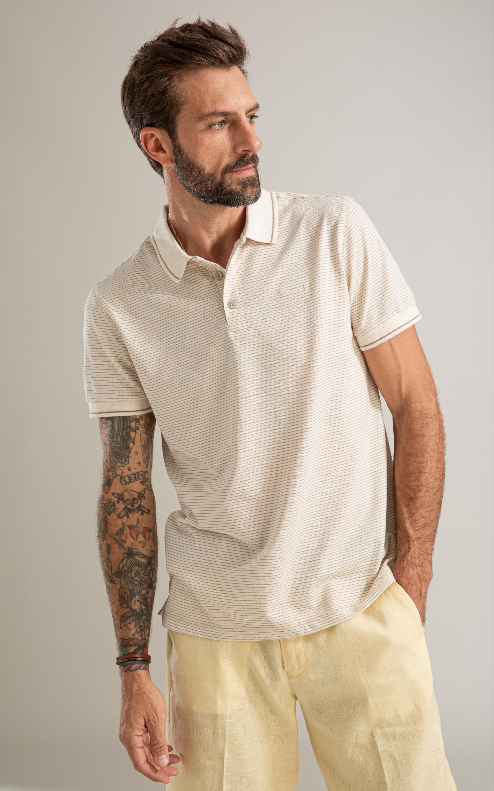 Polo Piquet Linen Listrado Bf Caqui