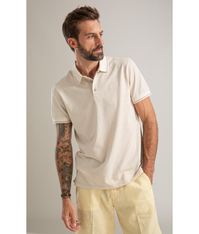 Polo Piquet Linen Listrado Bf Caqui