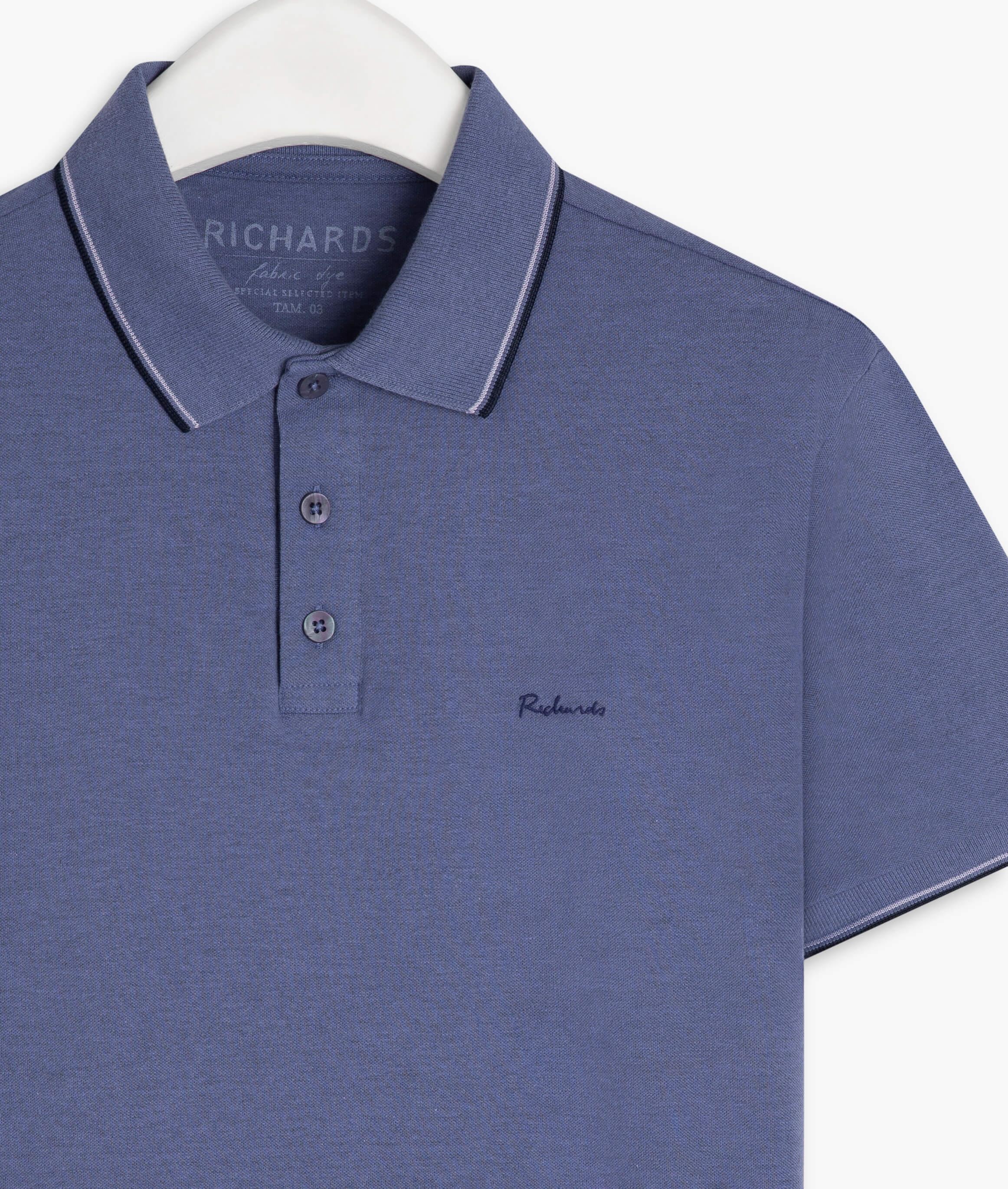 Polo Piquet Mescla Com Friso Triplo Azul Jeans Mescla