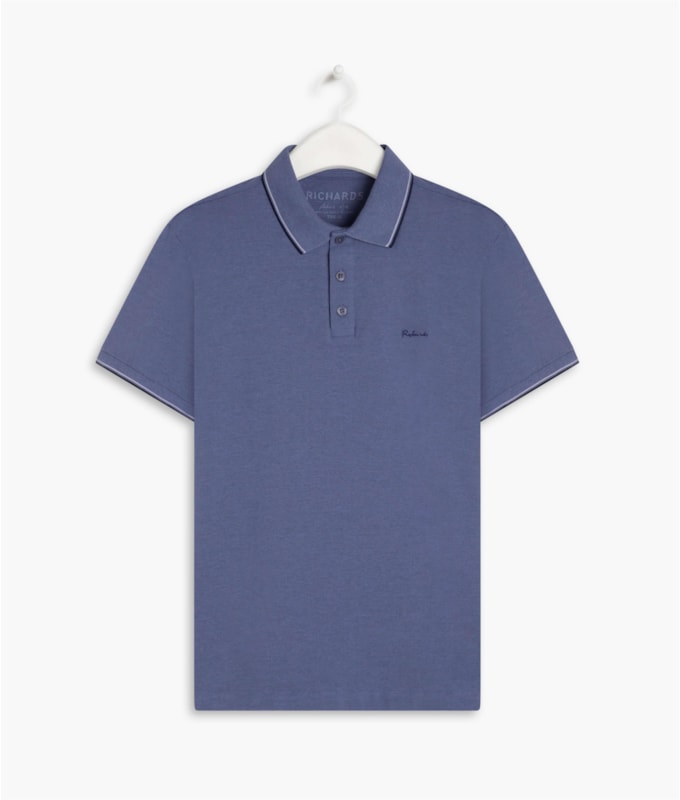 Polo Piquet Mescla Com Friso Triplo Azul Jeans Mescla