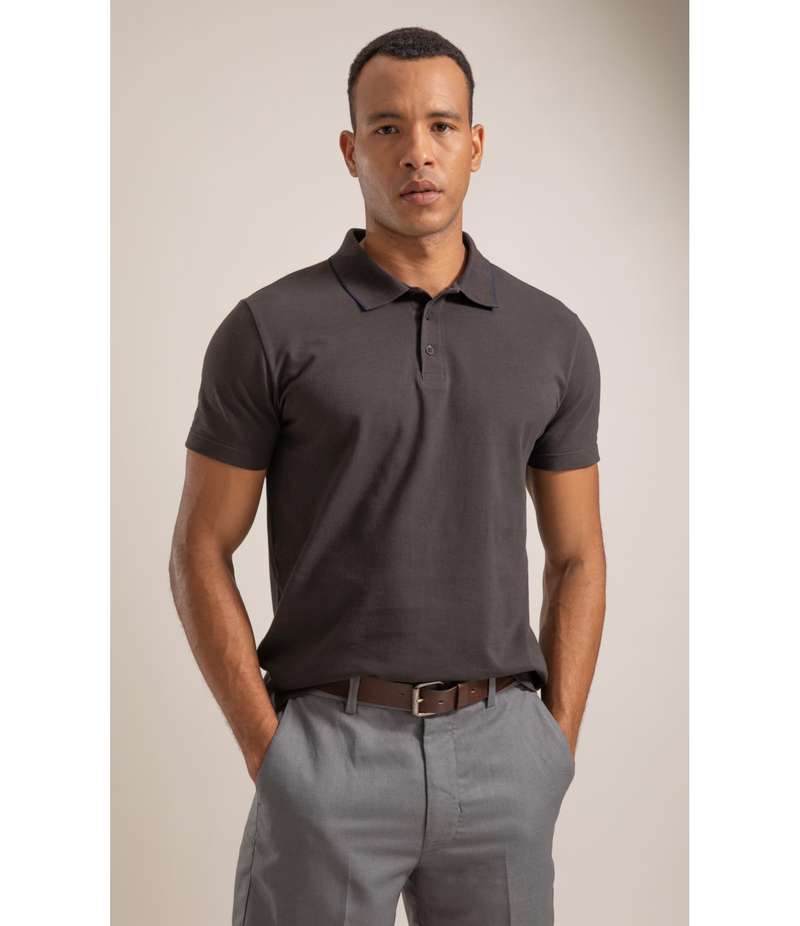 Polo Piquet Od Friso Jacquard Chumbo Mescla