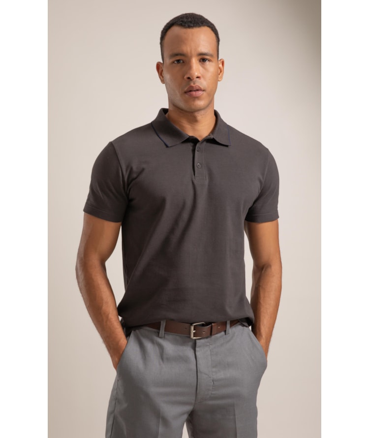 Polo Piquet Od Friso Jacquard Chumbo Mescla