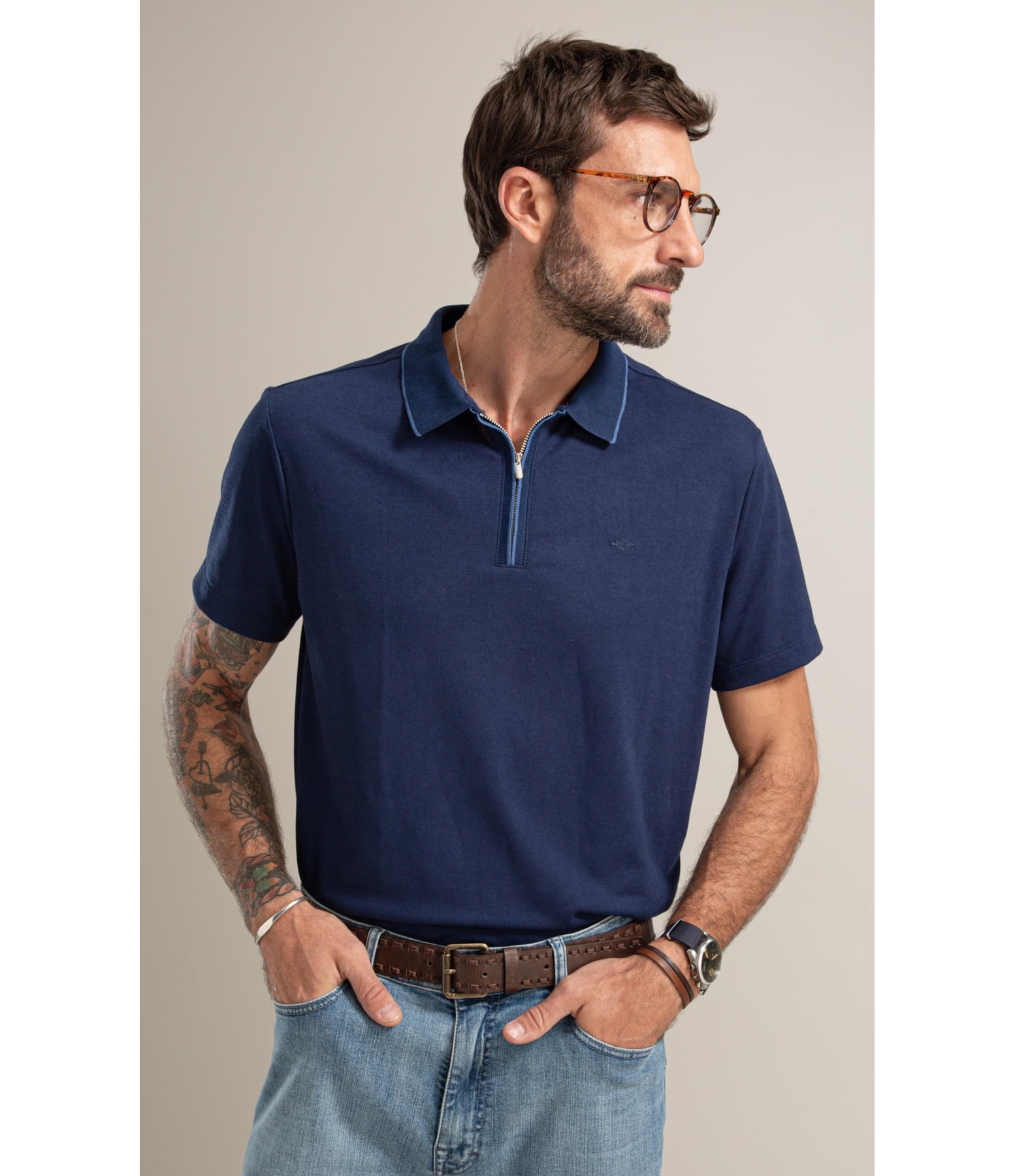 Polo Piquet Polyvisco Ziper Peitilho Bf Marinho