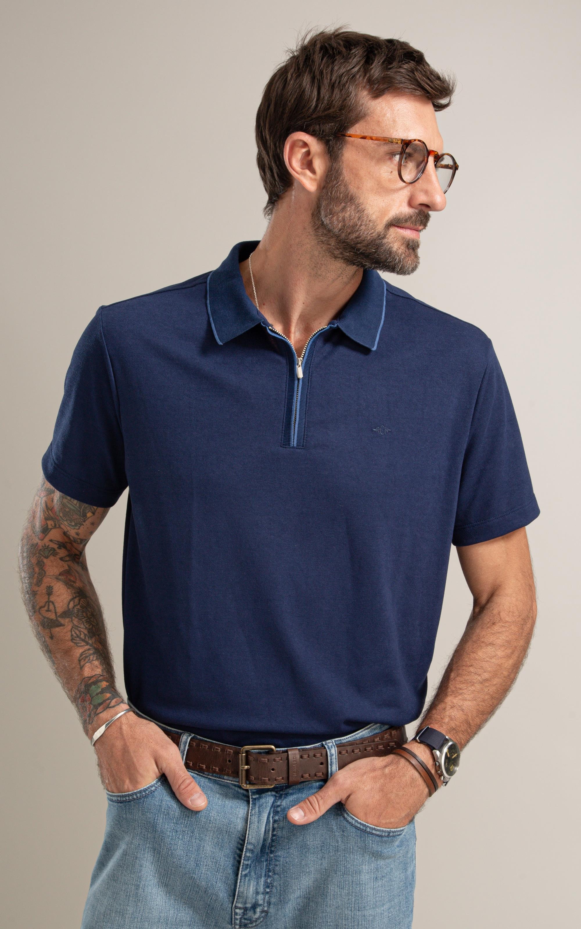 Polo Piquet Polyvisco Ziper Peitilho Bf Marinho