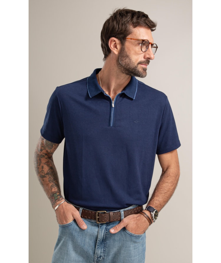 Polo Piquet Polyvisco Ziper Peitilho Bf Marinho
