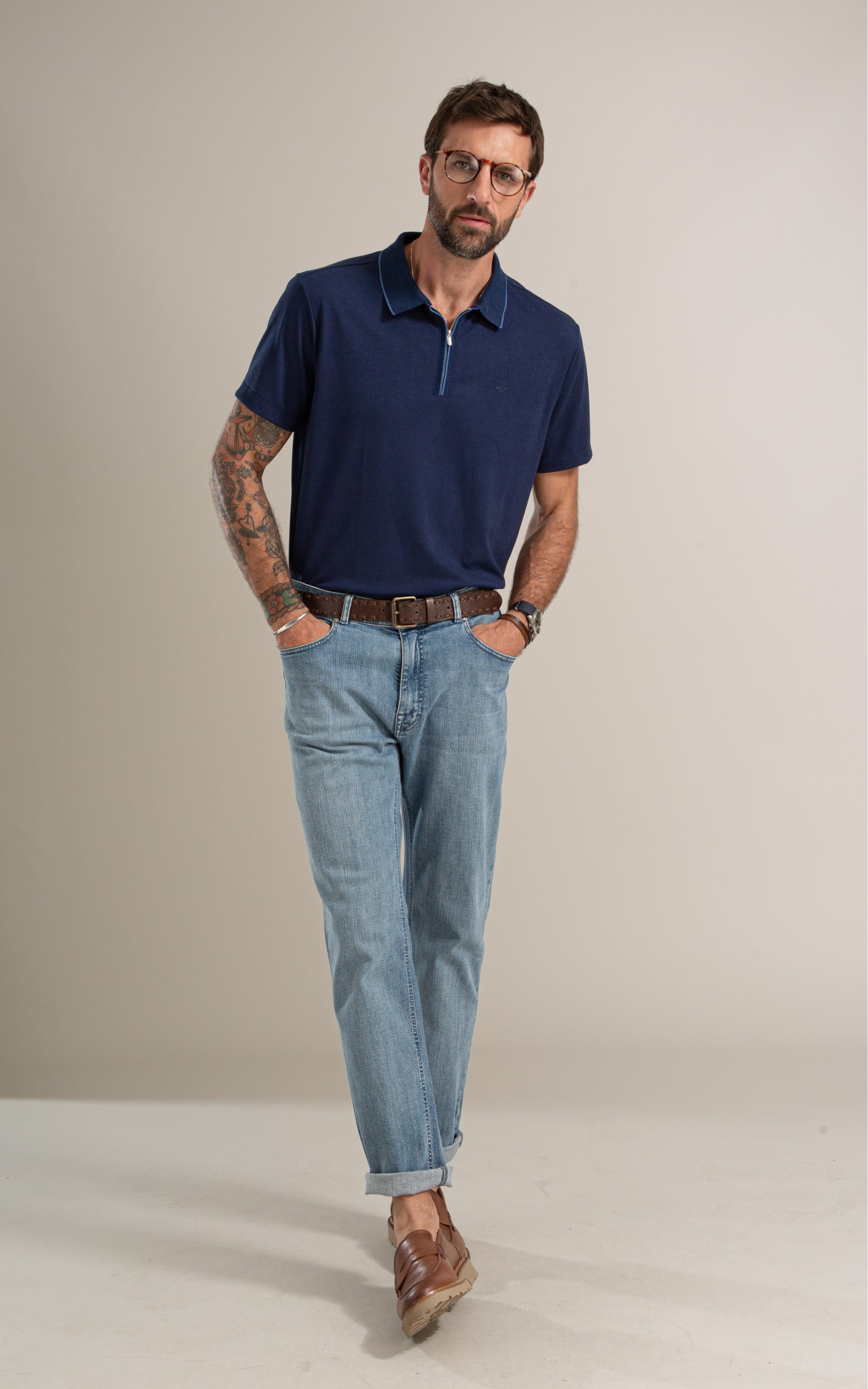 Polo Piquet Polyvisco Ziper Peitilho Bf Marinho