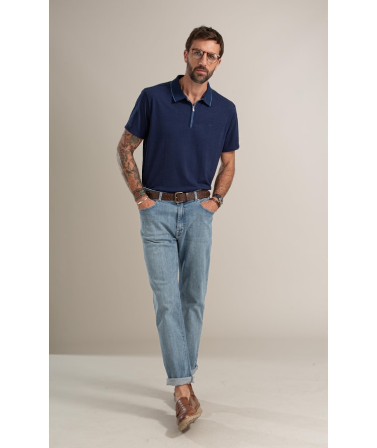 Polo Piquet Polyvisco Ziper Peitilho Bf Marinho