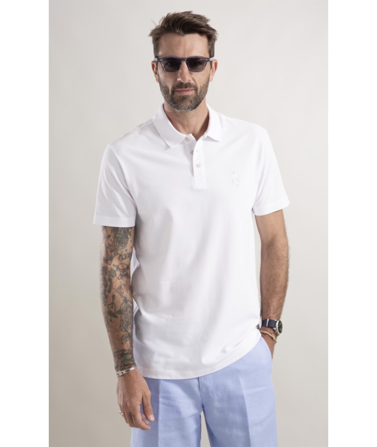 Polo Piquet Surfista Bordado Branco