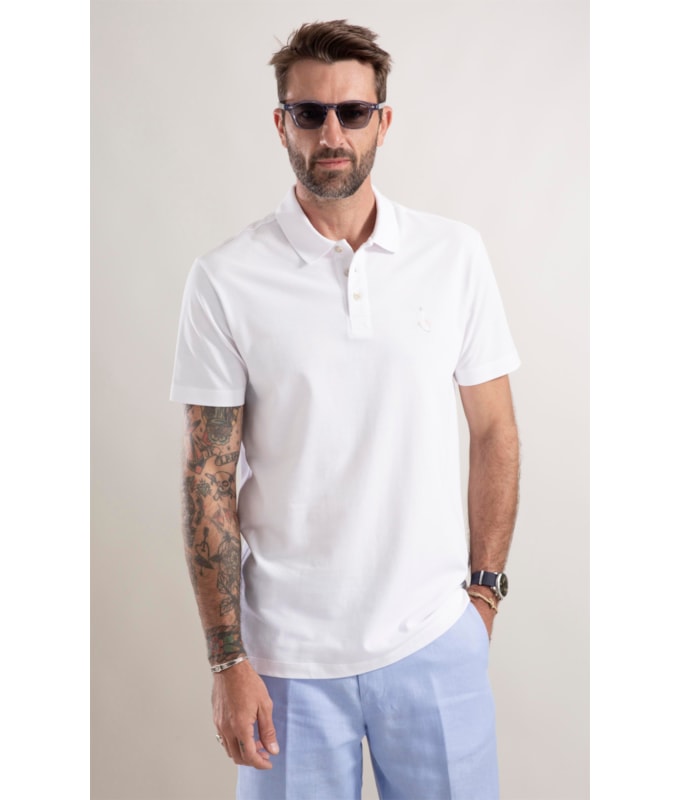 Polo Piquet Surfista Bordado Branco