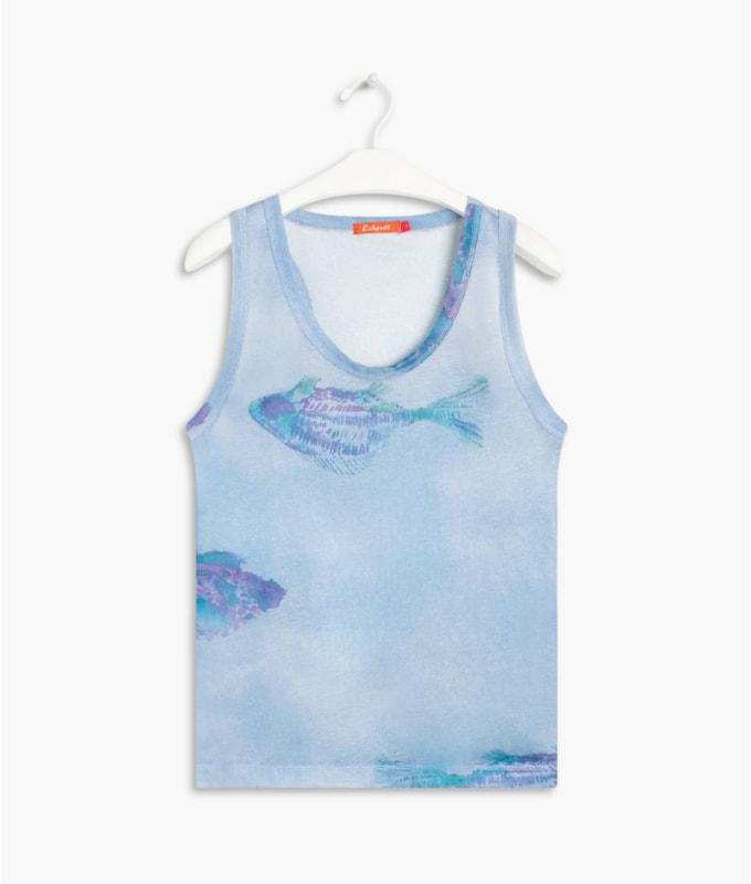 Regata Linho  Açucena Estampa Fish Blue Vintage