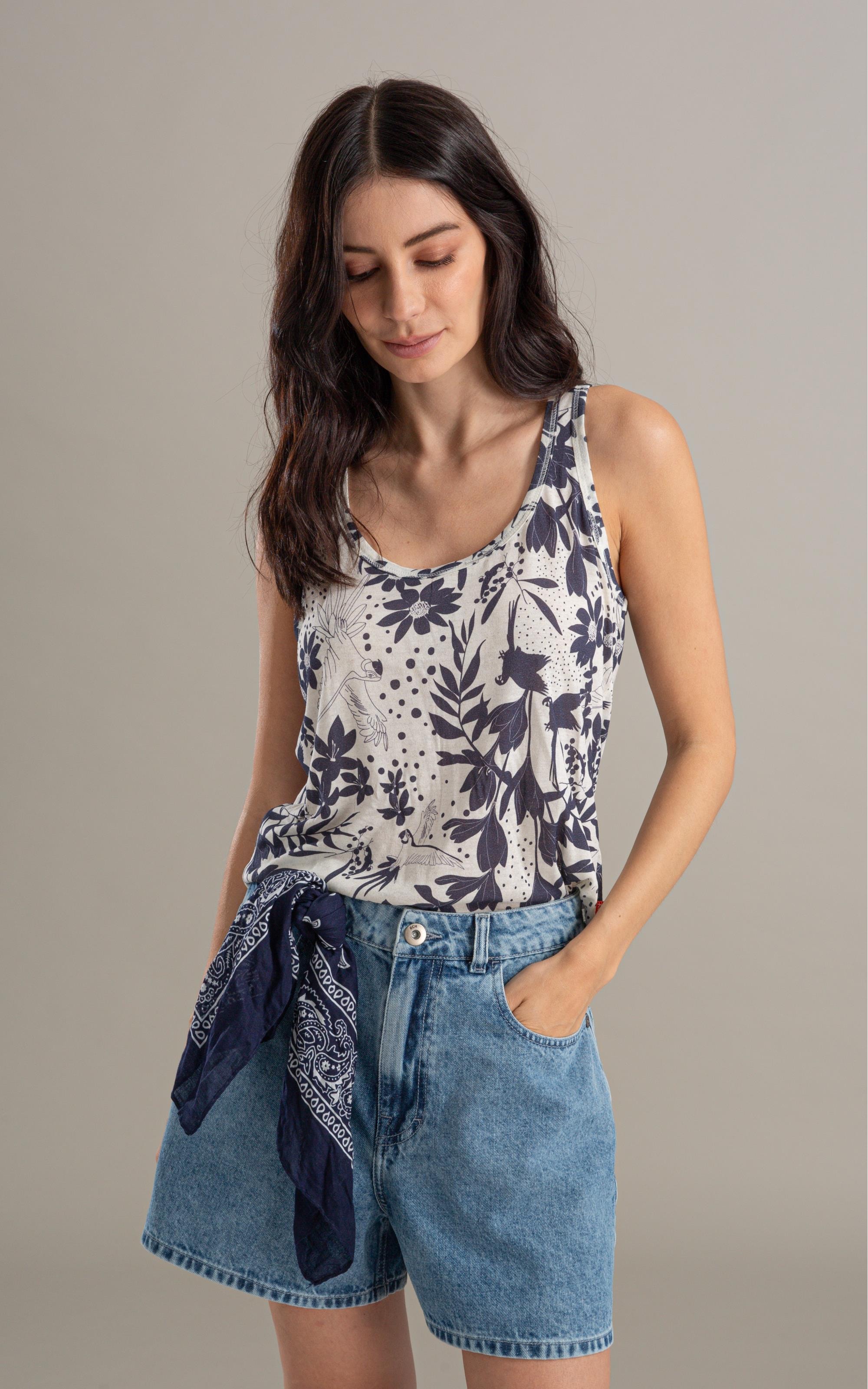 Regata Linho  Liria Estampa Arara Marinho