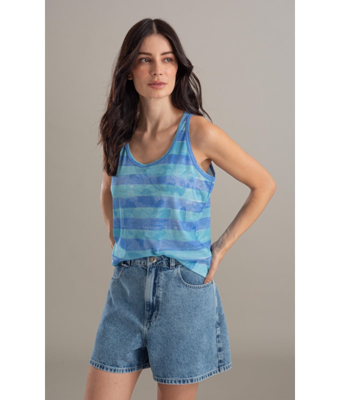 Regata Sofia Tule Estampa Listra Flor Turquesa