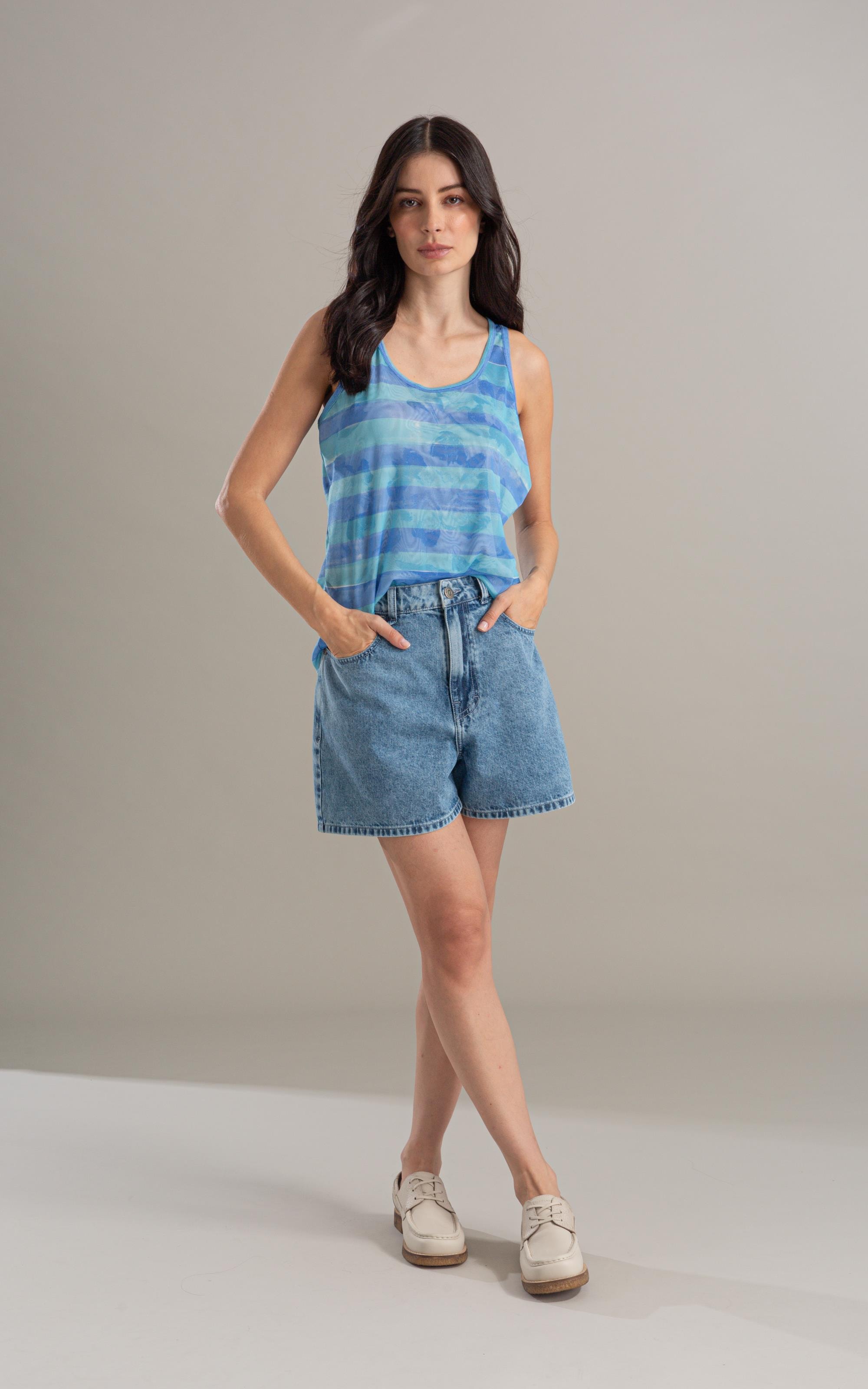 Regata Sofia Tule Estampa Listra Flor Turquesa