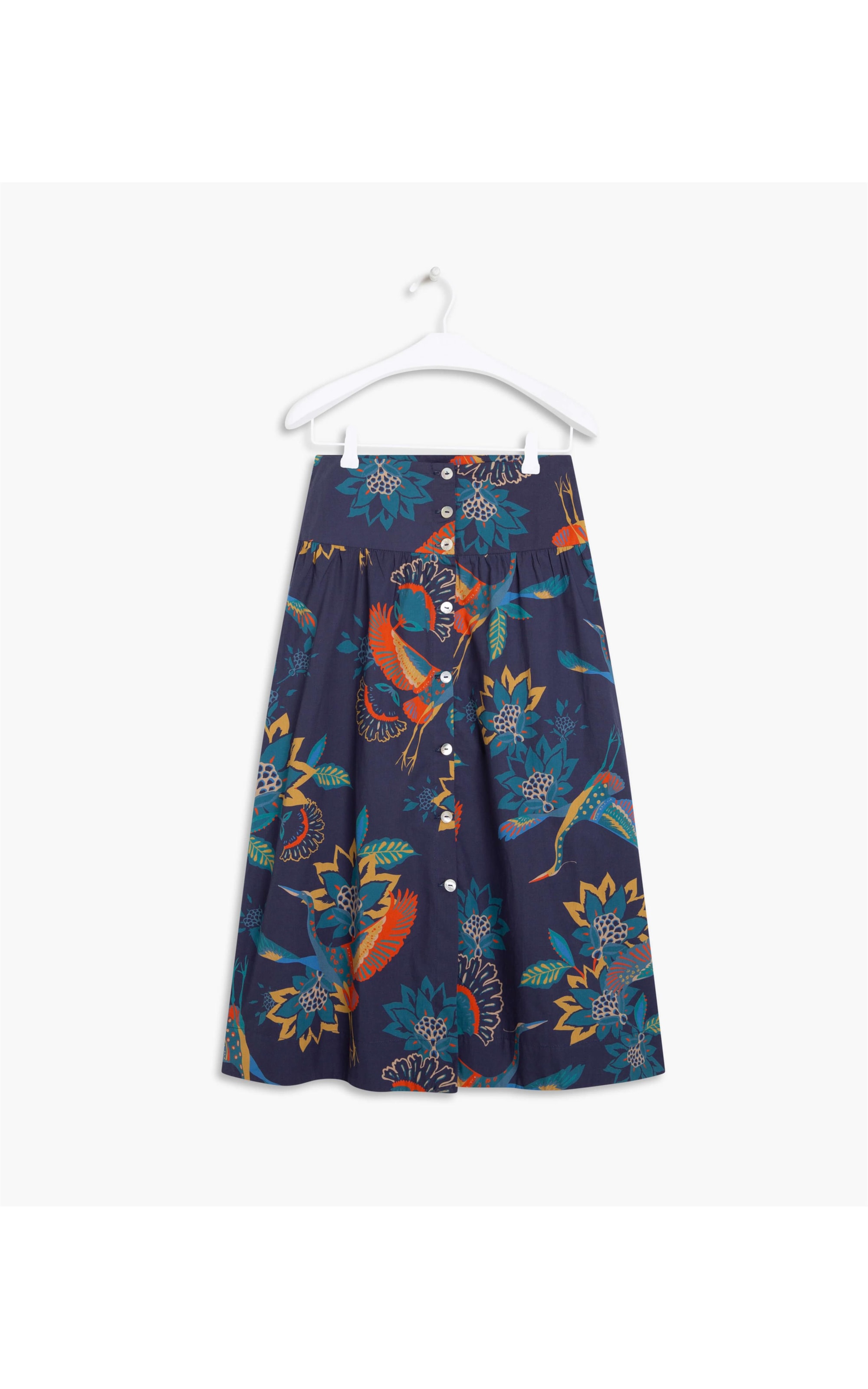 Saia Candy Algodão Estampa Pássaros Dark Navy