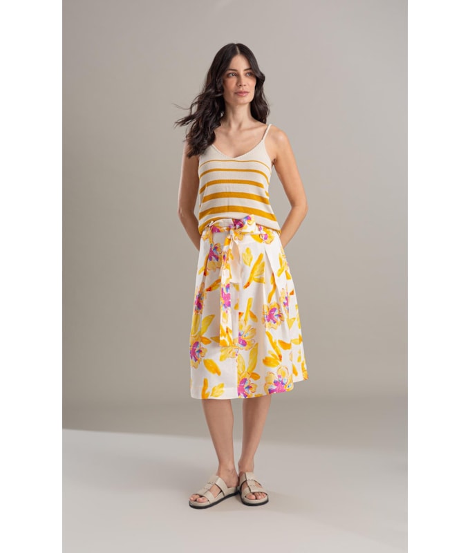 Saia Linho  Catarina  Estampa Artflower Branco