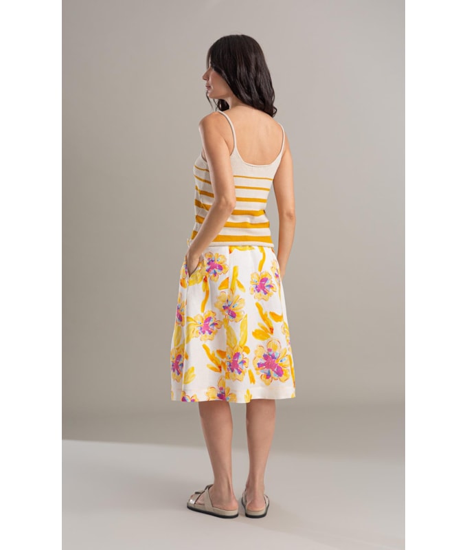 Saia Linho  Catarina  Estampa Artflower Branco