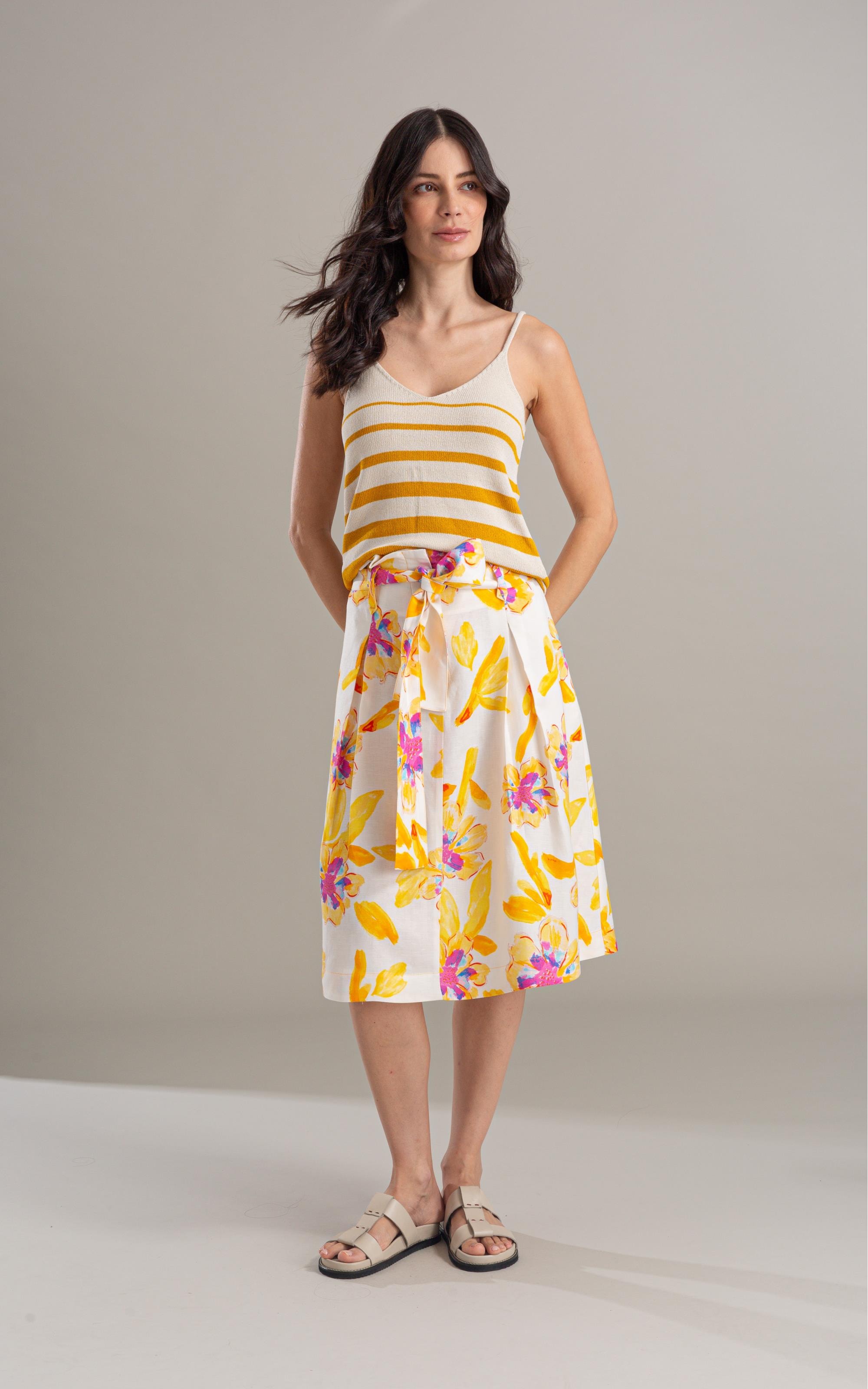 Saia Linho  Catarina  Estampa Artflower Branco