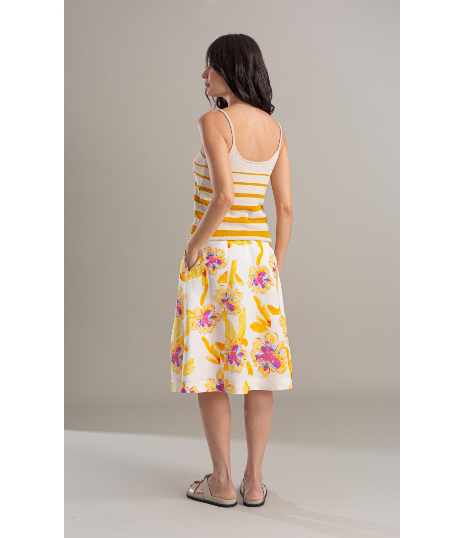 Saia Linho  Catarina  Estampa Artflower Branco