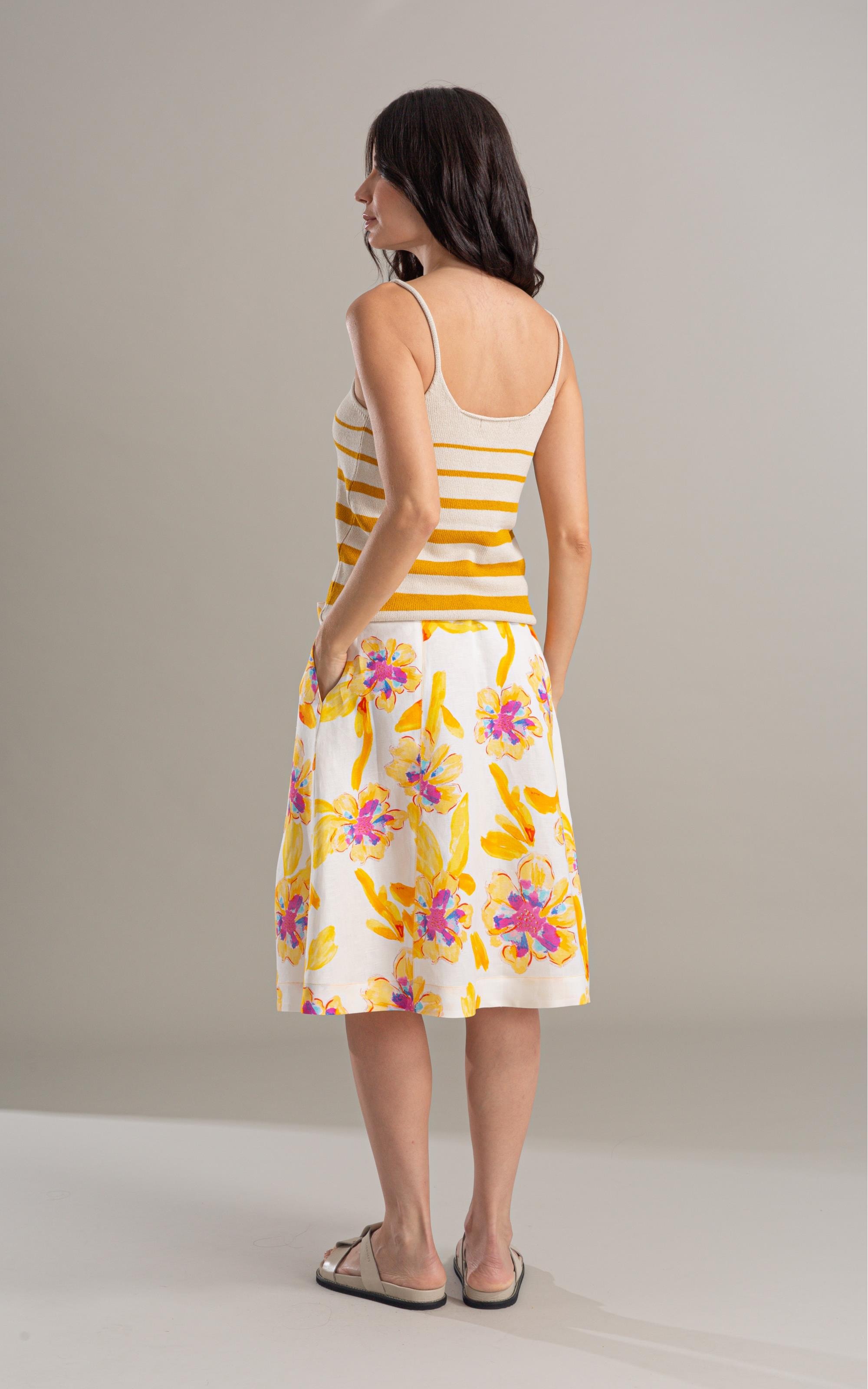 Saia Linho  Catarina  Estampa Artflower Branco