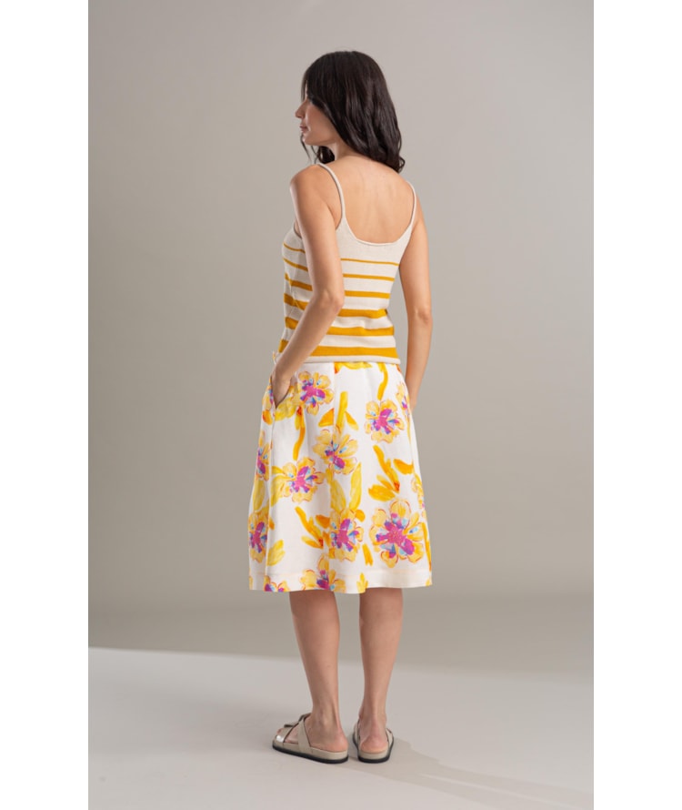 Saia Linho  Catarina  Estampa Artflower Branco