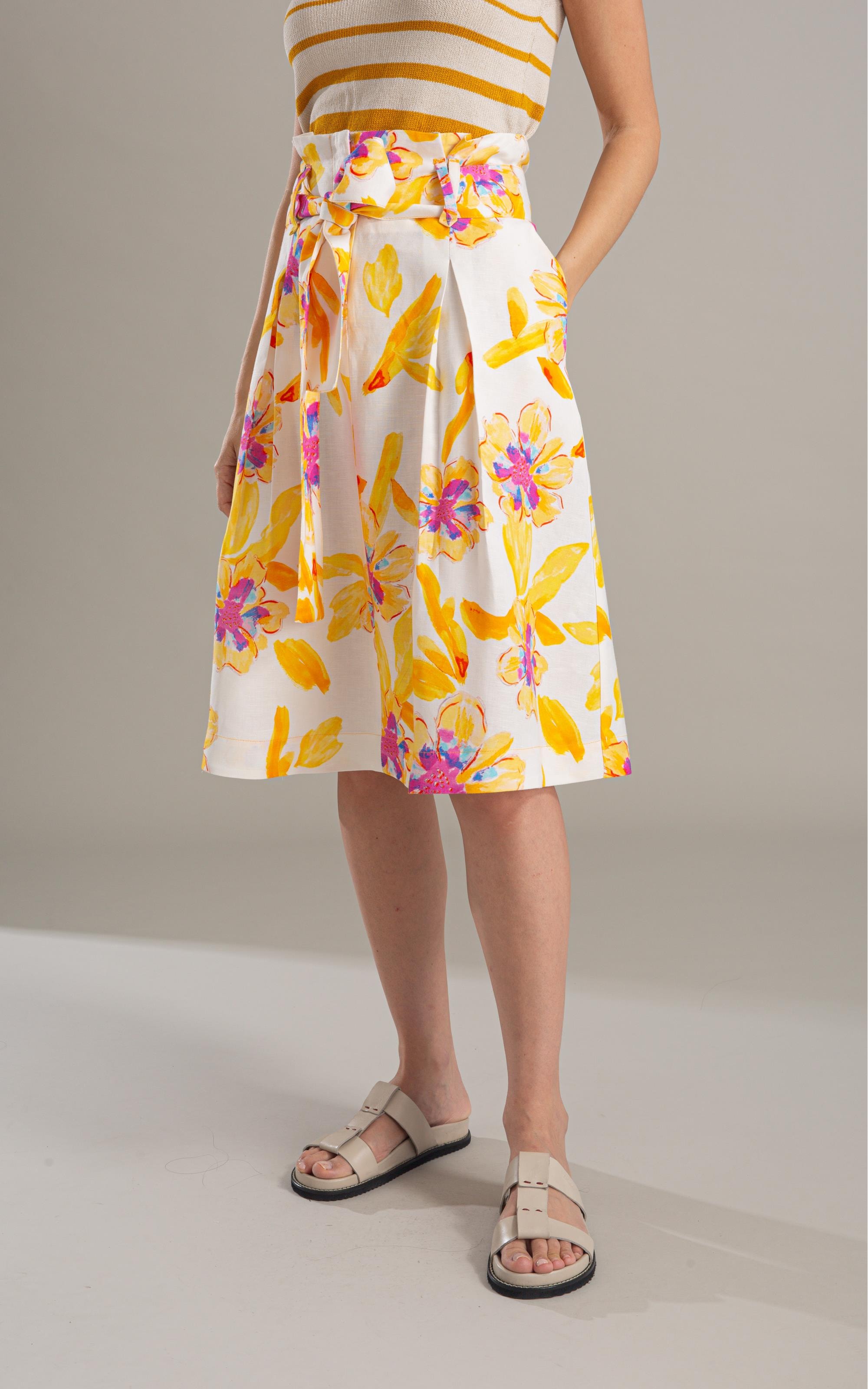 Saia Linho  Catarina  Estampa Artflower Branco