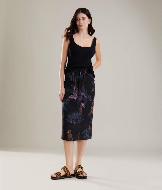 Saia Linho  Elis  Estampa Paradise Preto