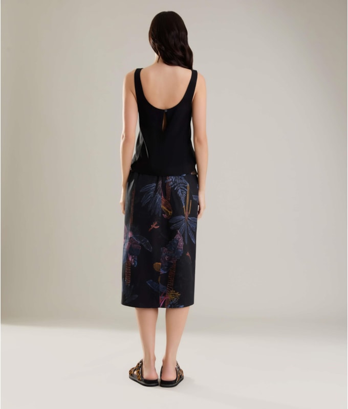 Saia Linho  Elis  Estampa Paradise Preto