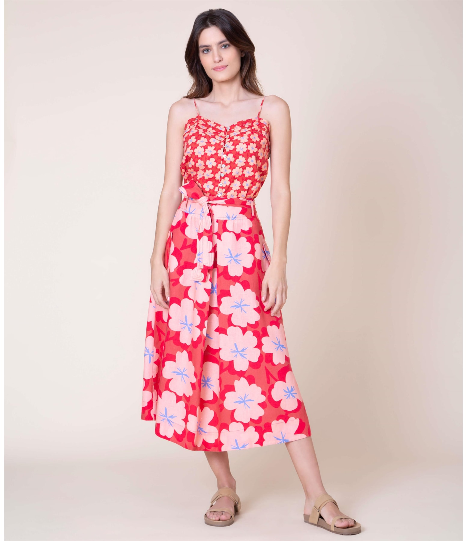 Saia Linho  Ester Est Flower Power Coral
