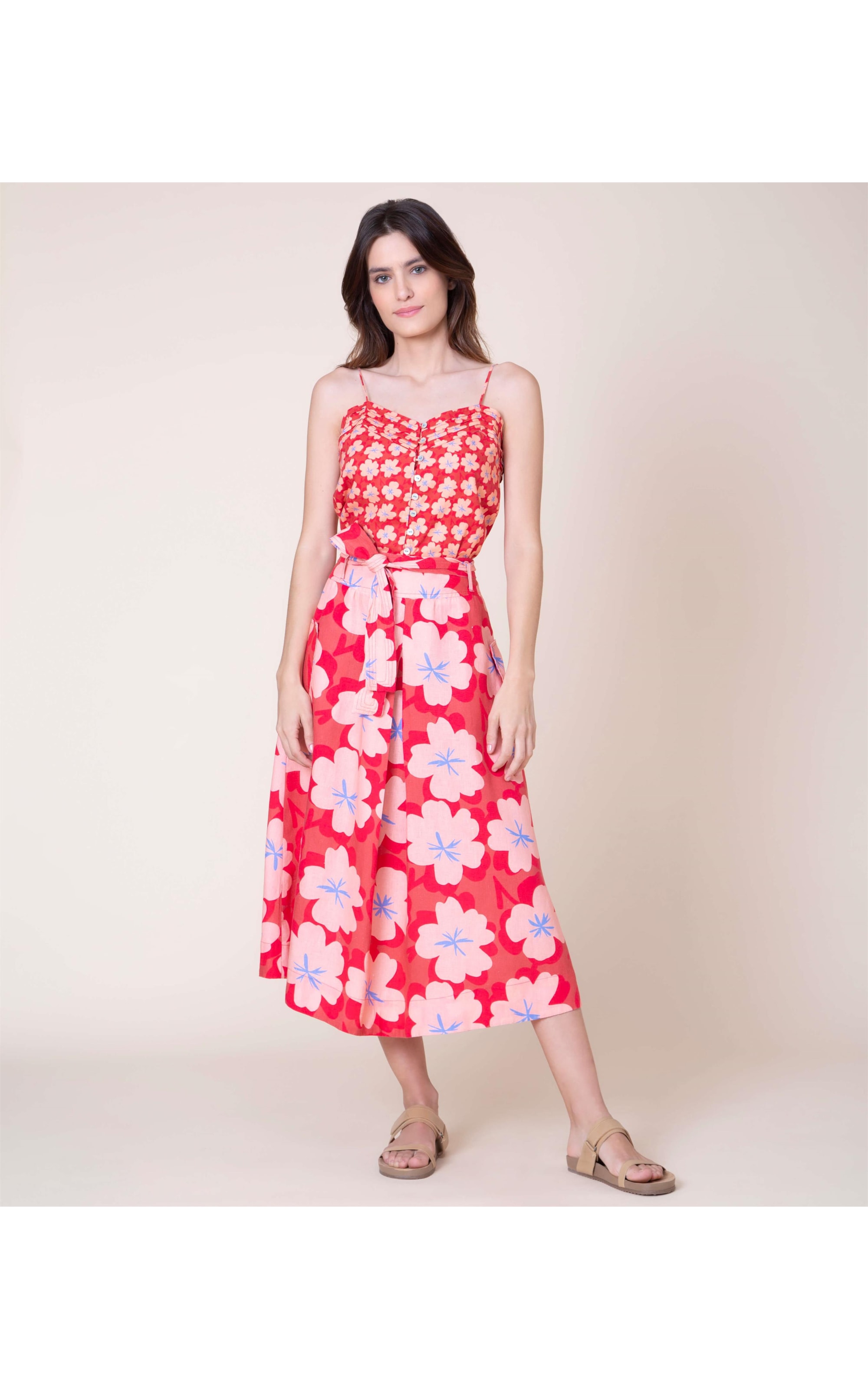 Saia Linho  Ester Est Flower Power Coral