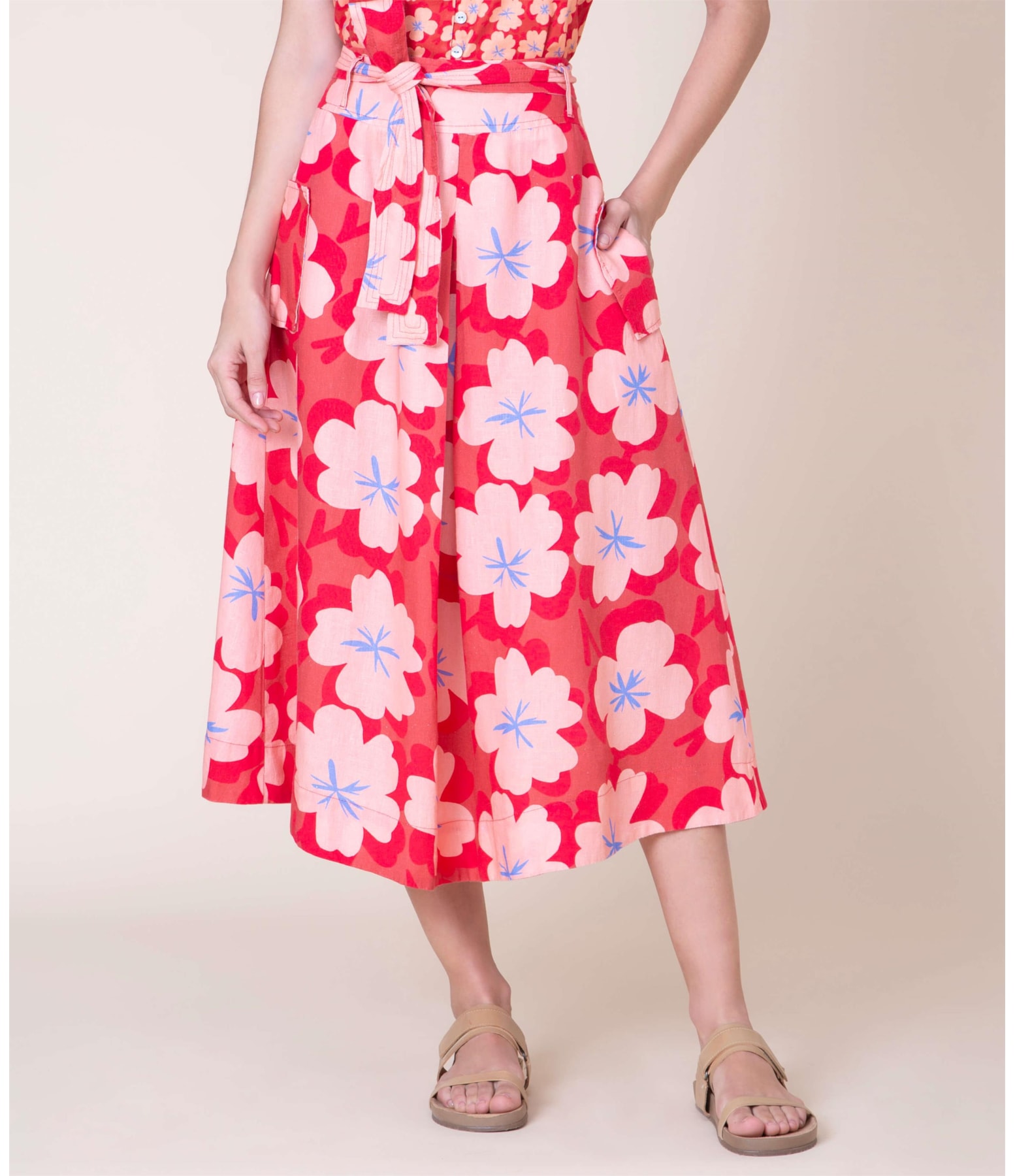 Saia Linho  Ester Est Flower Power Coral