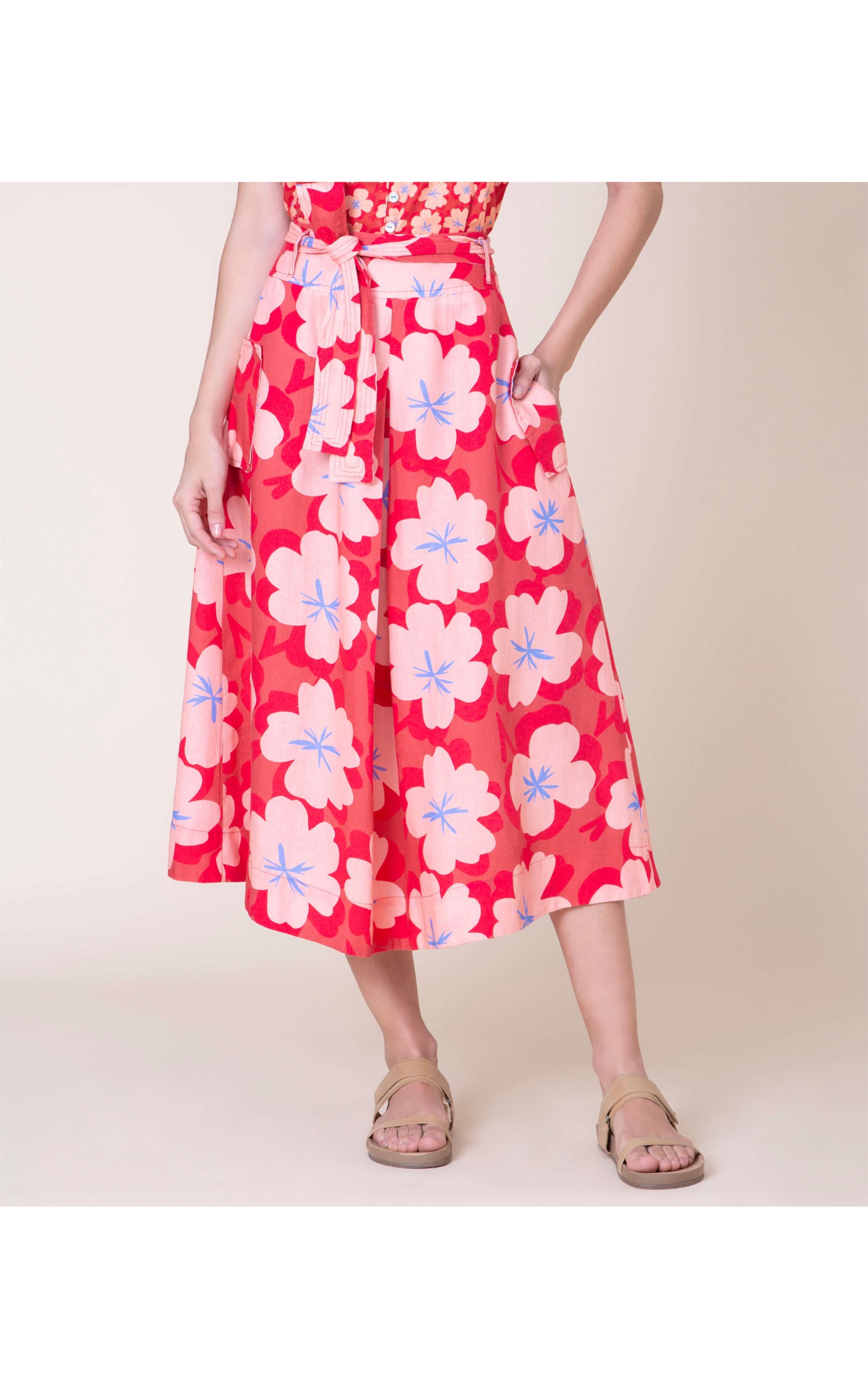 Saia Linho  Ester Est Flower Power Coral