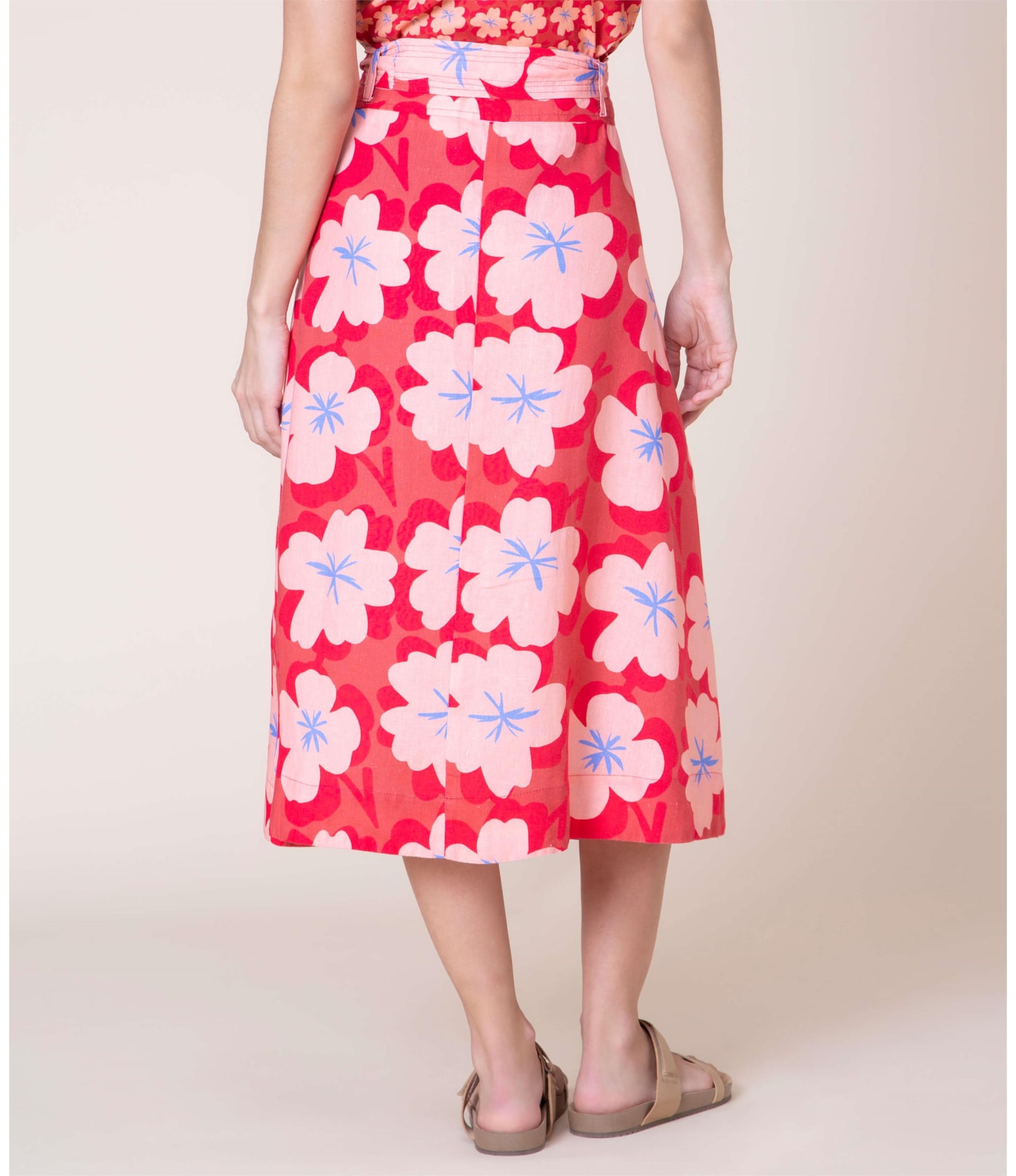 Saia Linho  Ester Est Flower Power Coral