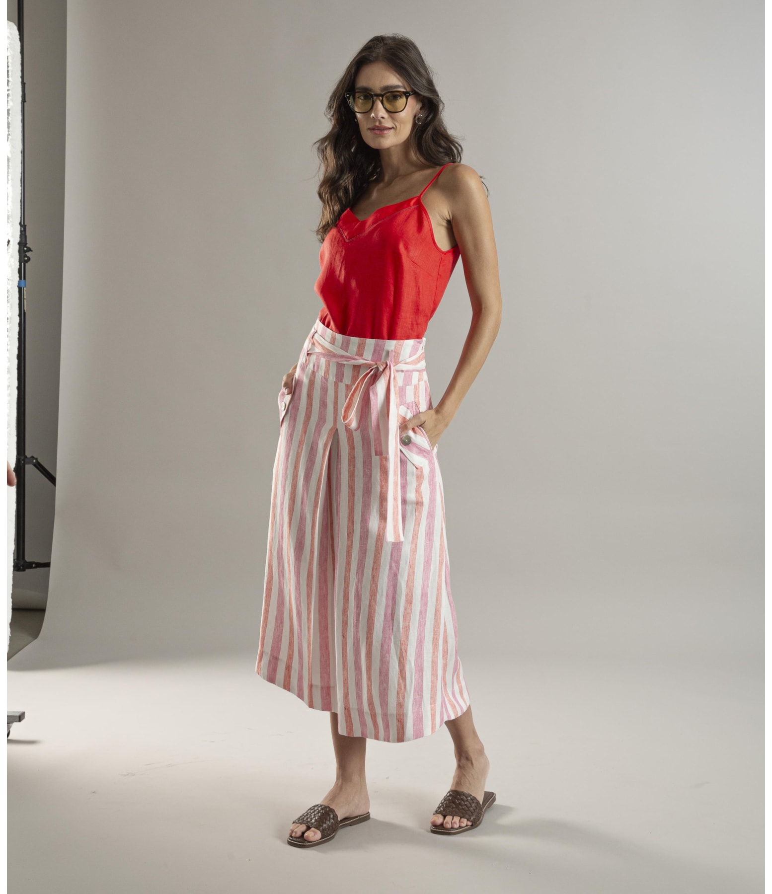 Saia Linho  Ester  Listrada Rosa Gum