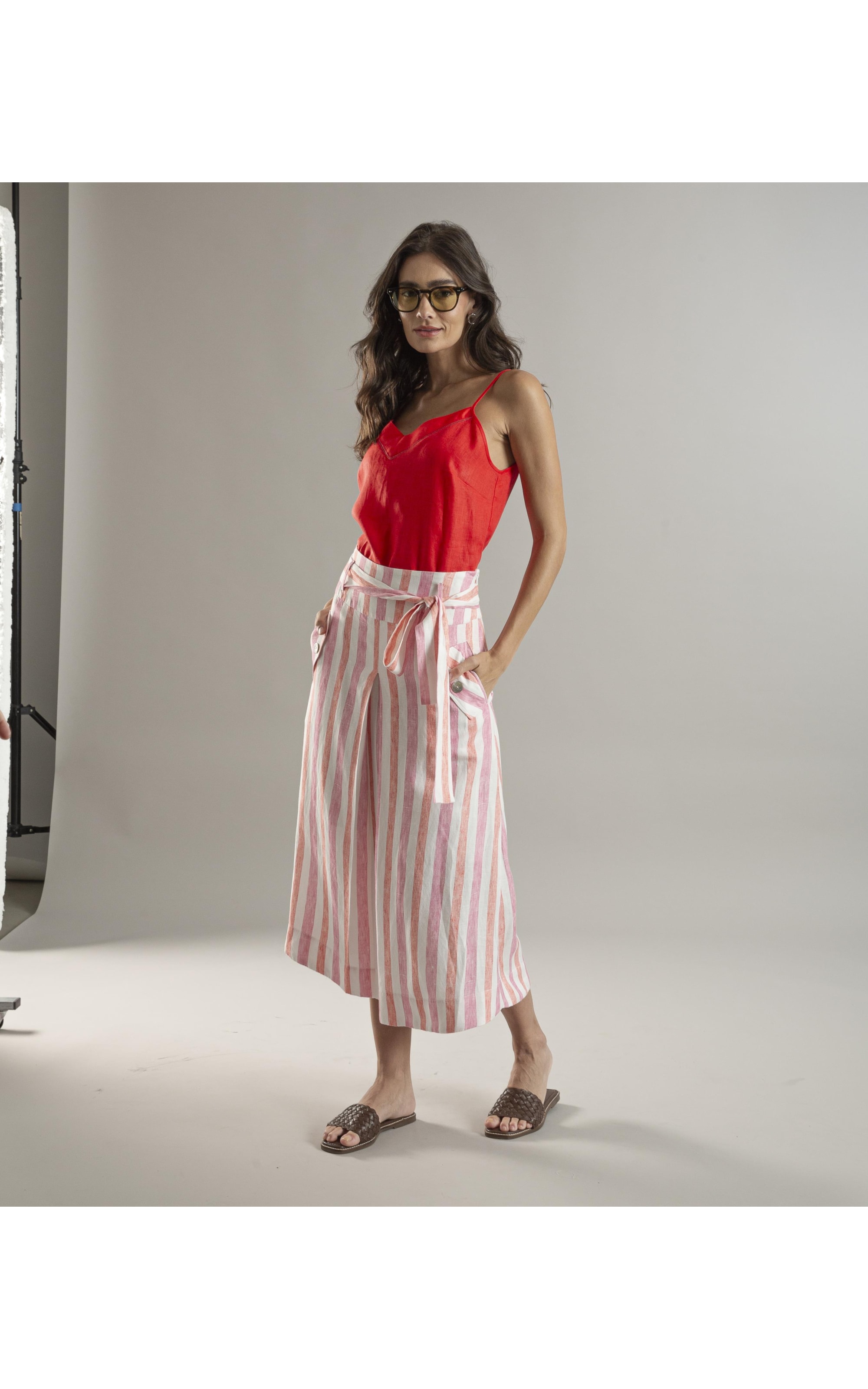 Saia Linho  Ester  Listrada Rosa Gum